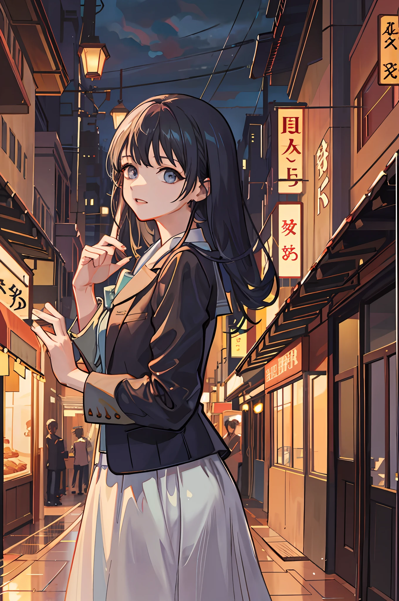 raining night,city,A beautiful woman in wearing school uniform on the bustling streets of Gintama, surrounded by vendors, beautiful portrait of a stunning goddess girl, beautiful detailed face, porcelain skin, half body shot, centered, ultra soft lighting, symmetry, intricate, elegant, highly detailed, photorealistic, artstation, concept art, smooth, as imagined by greg rutkowski and borris vallejo, cover, vogue style