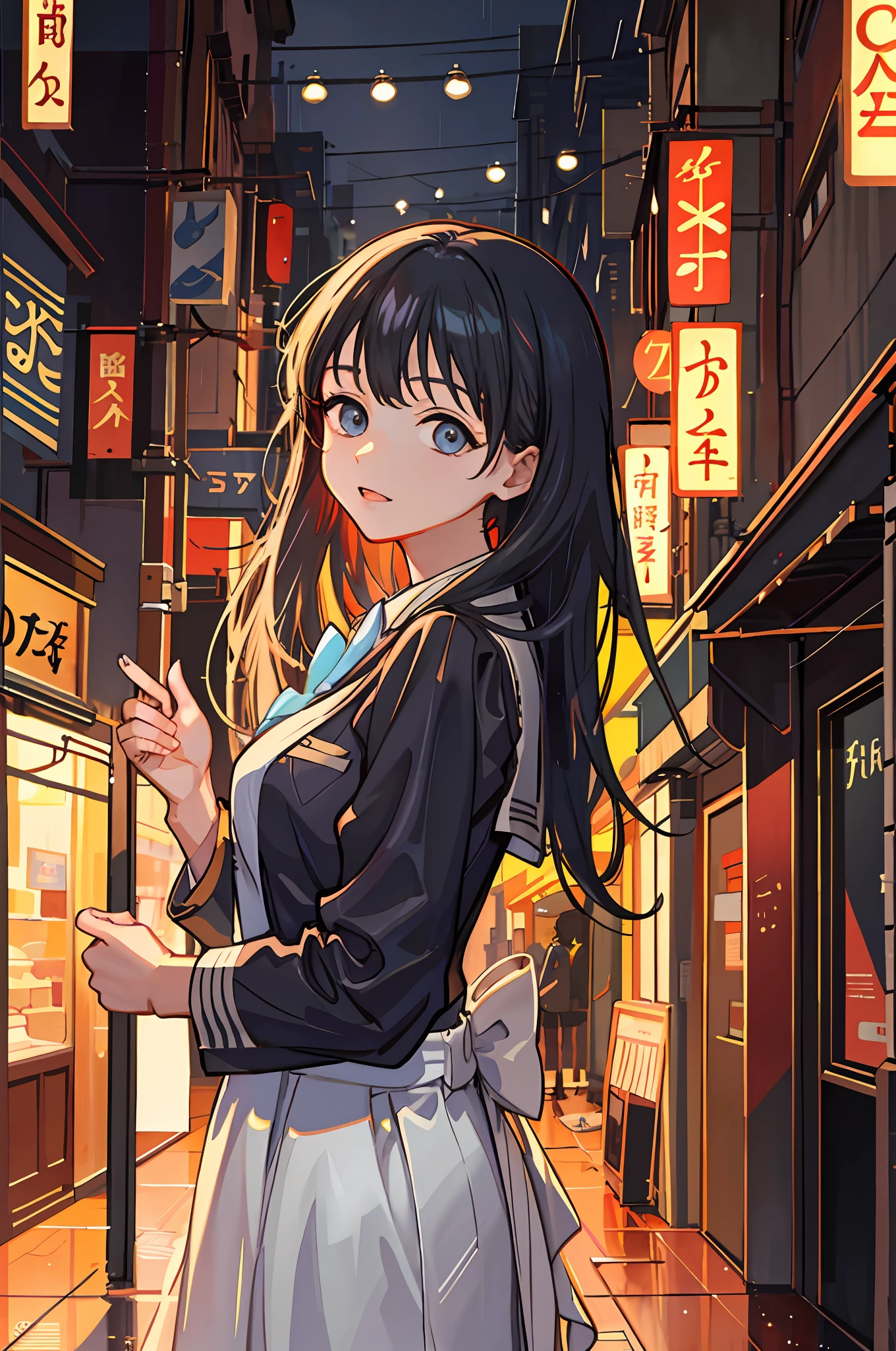 raining night,city,A beautiful woman in wearing school uniform on the bustling streets of Gintama, surrounded by vendors, beautiful portrait of a stunning goddess girl, beautiful detailed face, porcelain skin, half body shot, centered, ultra soft lighting, symmetry, intricate, elegant, highly detailed, photorealistic, artstation, concept art, smooth, as imagined by greg rutkowski and borris vallejo, cover, vogue style