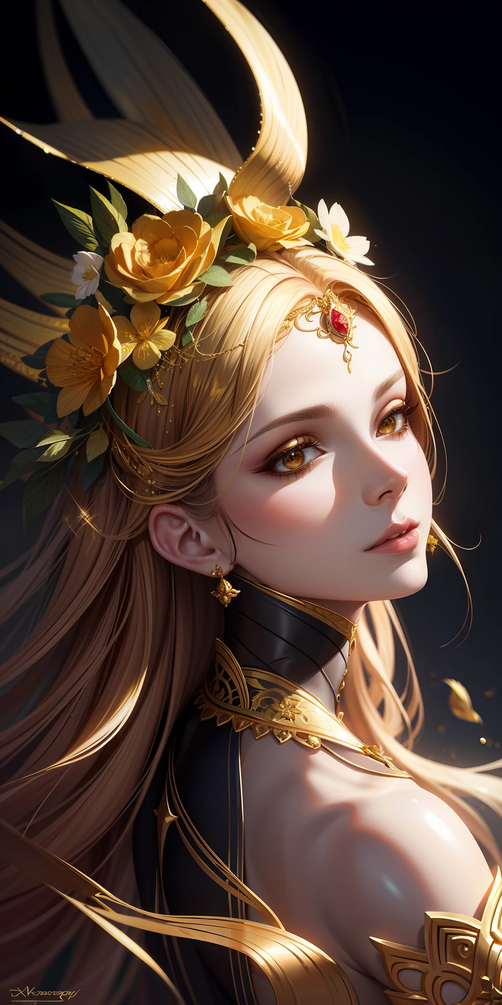 a woman with gold paint and flowers in her hair, golden skin, beautiful fantasy portrait, beautiful fantasy art portrait, elegant gold skin, golden flowers, fantasy art portrait, beautiful digital artwork, fantasy portrait, a stunning portrait of a goddess, gold glow, karol bak uhd, gorgeous digital art, style of karol bak, gold skin