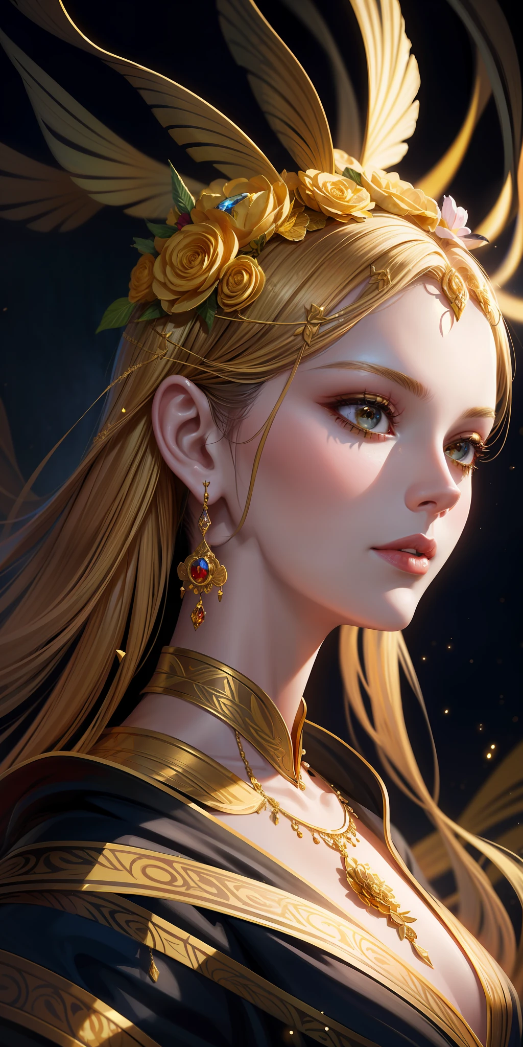 a woman with gold paint and flowers in her hair, golden skin, beautiful fantasy portrait, beautiful fantasy art portrait, elegant gold skin, golden flowers, fantasy art portrait, beautiful digital artwork, fantasy portrait, a stunning portrait of a goddess, gold glow, karol bak uhd, gorgeous digital art, style of karol bak, gold skin