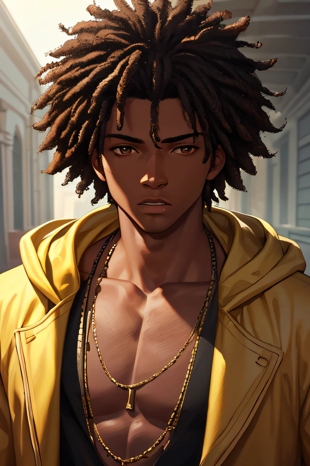best quality, more details, masterpiece, 1boy, portrait, male focus, brown eyes, solo, looking at viewer, hood, afro hair, sunny, Jamaica \(country\), black hair, luxurious, 8k, detailed, ray tracing, depth of field, cinematic lighting, like edgerunners, neon, dark skin