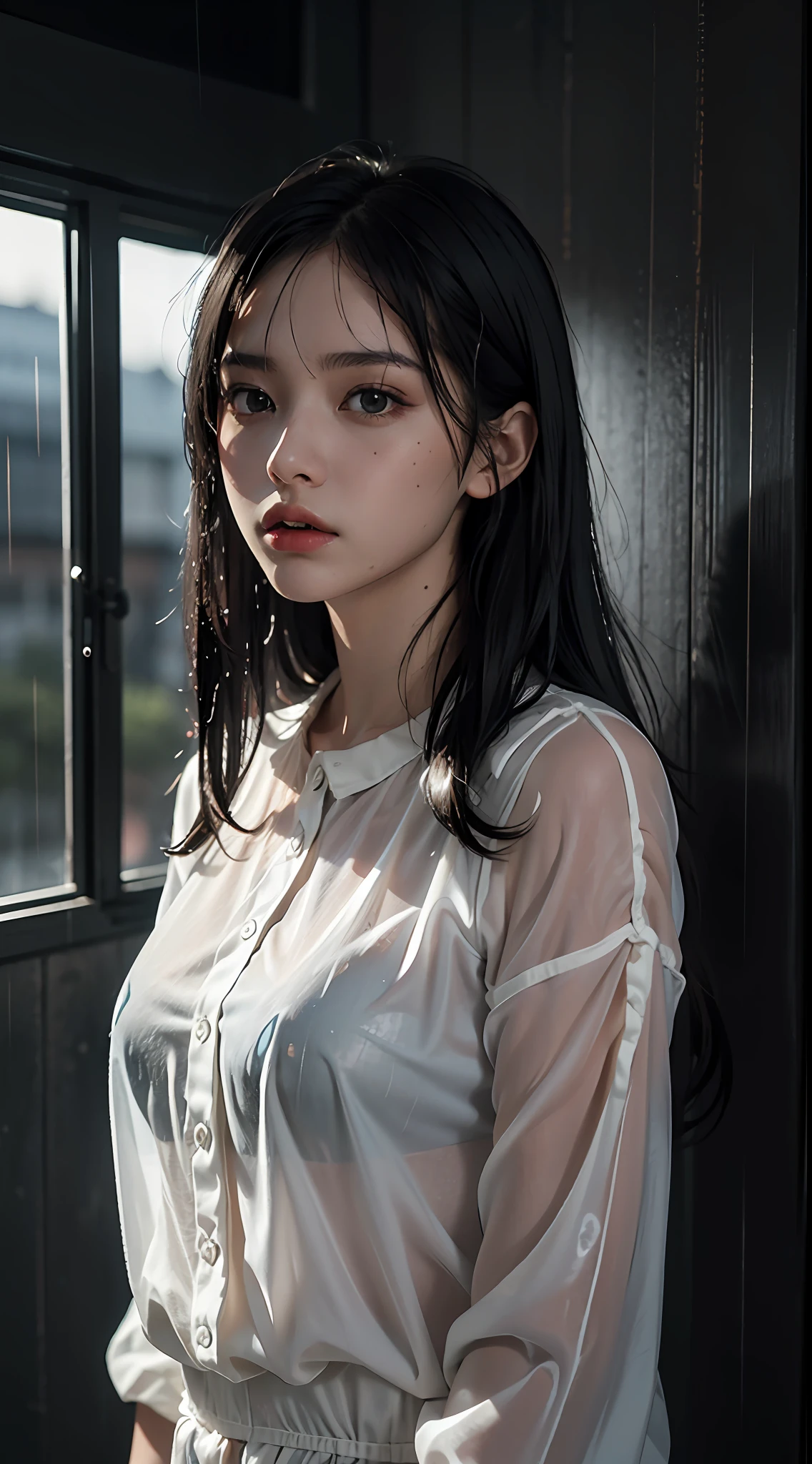 Top Quality, Masterpiece, Ultra High Resolution, (Photorealistic: 1.4), Raw Photo, Deep Shadows, A Sad Girl, About Rain, Dark Sky, Black Clouds, Lots of Rain, Black Hair, Fringe, Black Eyes, Casual Clothing, Very Wet Clothing, Dynamic Angle, Low Light, White Clothing, Transparent Clothing, Indoors