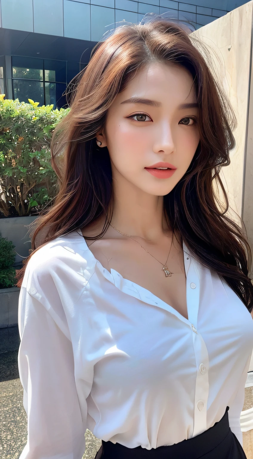 (Best quality, high resolution, masterpiece: 1.3), a tall and beautiful woman, slender abs, dark brown hair in loose wavy shape, breasts, wearing a pendant, white button-down shirt, black tight skirt, (wet clothes: 1.4), real rain, wet hair,.. (modern architecture in the background), beautifully presented details in face and skin texture, detailed eyes, double eyelids
