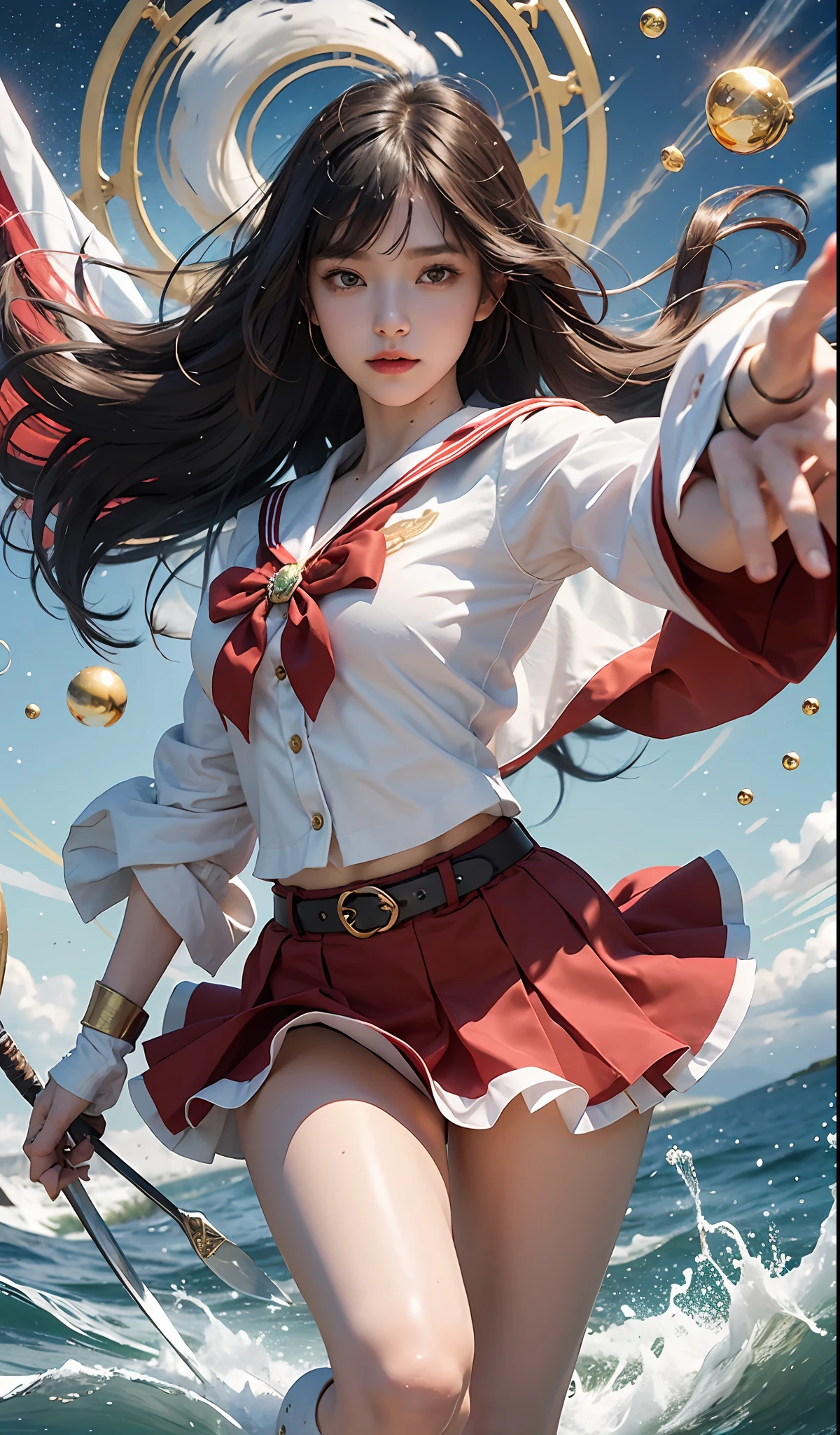 A rei Nano that matches the original painting of Sailor Moon, Mari Mars Hono, full body, Japanese sailor suit, white V-neck top, high-waisted red short skirt, skirt covering ass, flesh-colored oily stockings to waist, white combat gloves, warrior attire, short top, , gold trim, star brooch, front split design, red bow on head, combat gloves, white high boots, shin guards with flame pattern, belt detail, high-quality texture, bright colors, original manga character setting, small man's waist,, golden ratio, Tall and long legs, vivid expression, charming eyes, delicate and soft skin, long black hair, dynamic hairstyle, smoky makeup, colorful background, shining starry sky, gorgeous city landscape with rich colors, HD details, exquisite rendering, three-dimensional, realistic image, use of light and shadow, watery eyes, (sword eyebrows: 0.1), (high nose bridge: 0.6), (smile: 0.6), long red hair, (big breasts: 1.1), red eyes, sexy, (big buttocks), sheer cardigan, slim, (masterpiece: 1.2, superb), realistic, skinny, 22 years old, (real shot, fine crafted, depth of field), (1girl, solo), makeup, noble, elegant, blush, dignified, proud, confident, (fair and shiny skin), mature, (thin), (big ass: 1.3), bonny, (small mouth), black super long hair, wet body, red bow on clothes, gold headwear, ultra HD, 8k, best light and shadow, best shadow, depth of field, lots of colored bubbles, elevation view, long leg visual effect, (extended leg: 1.2), perspective enhancement, kicking action, fire light special effects, seaside, sunny day, water ripple refraction, colorful sea surface
