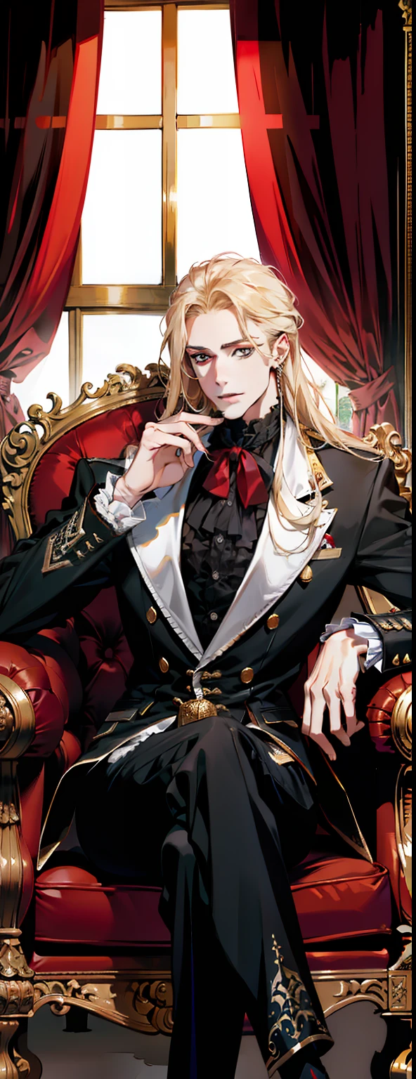 (absurdres, highres, ultra detailed),(absurdres, highres, ultra detailed), 1 male, adult, handsome, tall muscular guy, broad shoulders, finely detailed eyes and detailed face, long blond hair, large 18th-century baroque mansion, garden, nobleman, aristocratic, elegant, neat, graceful, sunset, scenery, smile upper body, attractive, red eyes, vampire fangs, red eyes, throne, magic effect, flame
