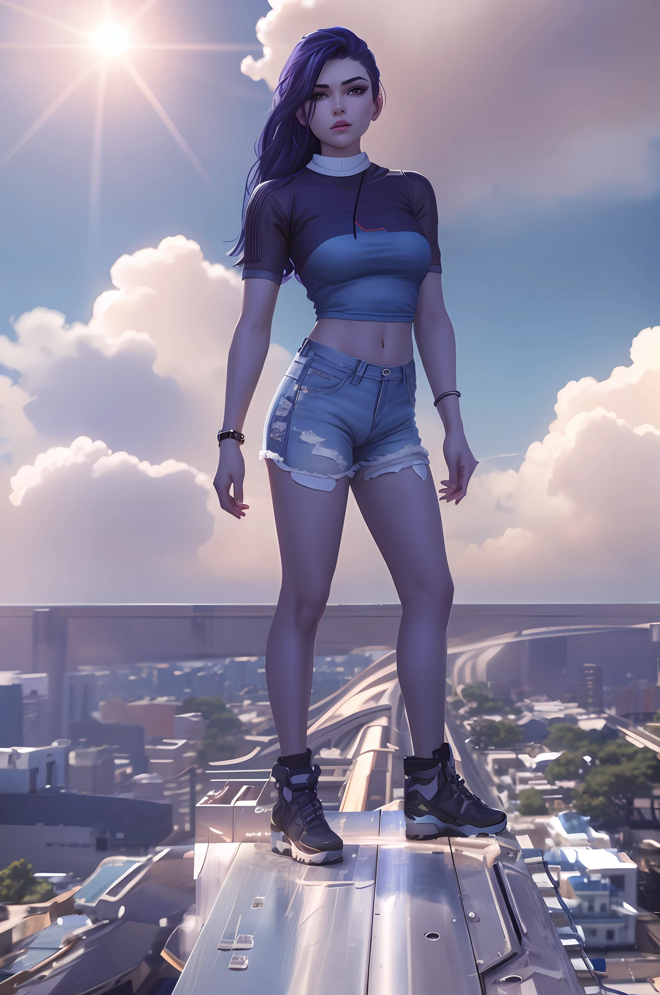 Widowmaker standing on a rail with a city in the background, sexy girl wearing shorts, wearing denim short shorts, bra and shorts streetwear, denim hot-pants, standing on a skyscraper rooftop, standing on rooftop, denim shorts, highly detailed giantess shot, skimpy shorts, white shorts and hiking boots, standing on a rooftop, giantess shot