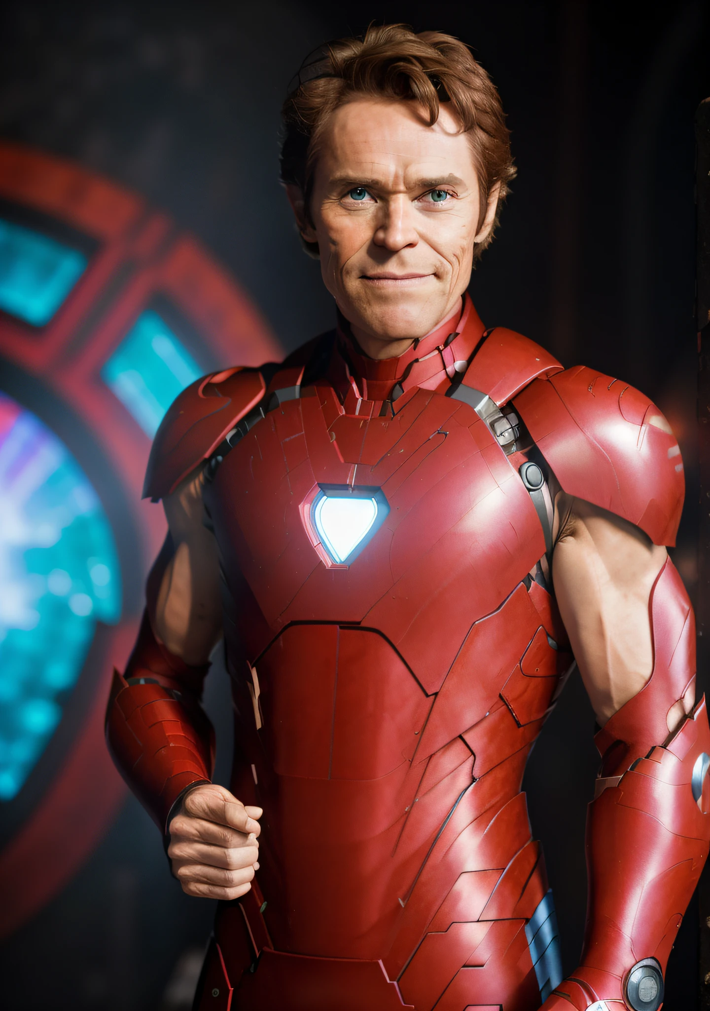 Vibrant photo, portrait photo of willedaf, thin body, vascular arms, evil smirk, ironman cosplay