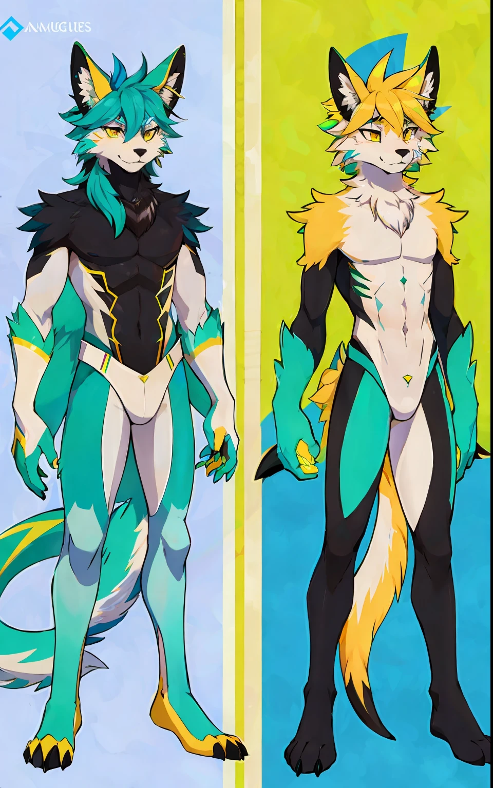 Regulus, fursona, neon green, electric blue, beige pelt, male, furry, unique, black spines on back, reference sheet, long tail that ends with a multicolor feather rainbow tip, intense yellow eyes, double tail