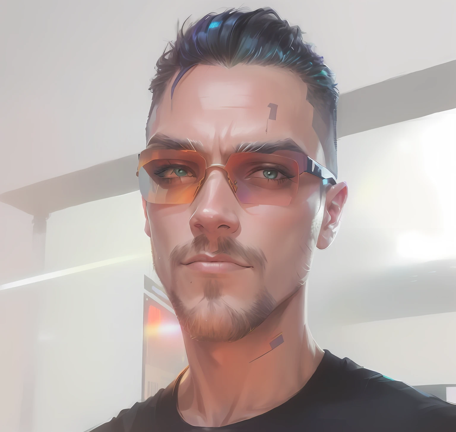 Sunglasses, cyberpunk art, funk art, cuberpunk background, cyberpunk neon testurized clothing, stunning gradient colors, stylized portrait h 704, pompadour, cool colors. insanely detailed, T-800, no watermark signature, in rich colors, outdated