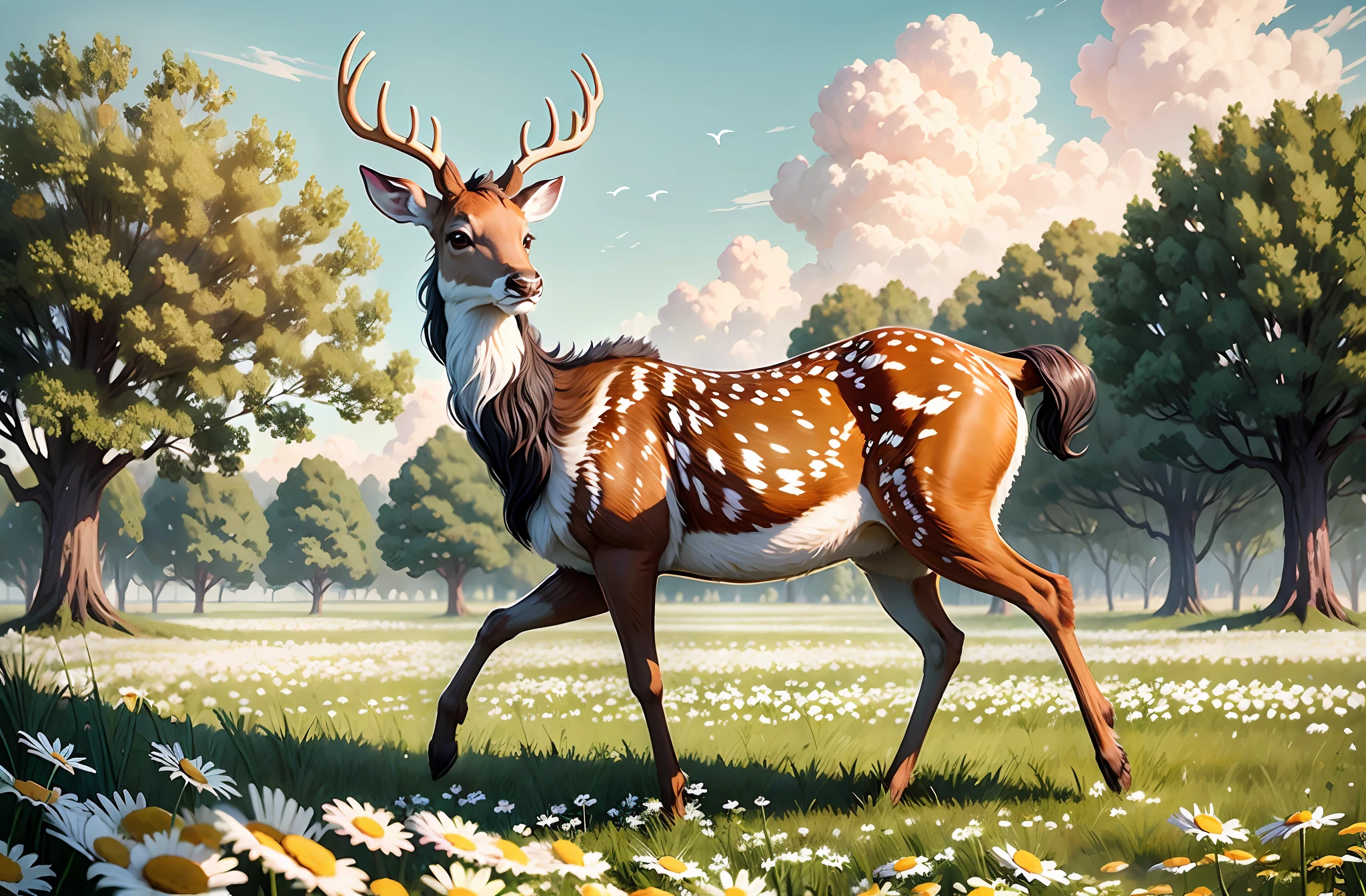 pronounced sexual dimorphism, young deer, thirsty for lovemaking, walks among clover, clover field, field of daisies, walks among daisies, deer with eggs, eggs of a male deer, 555