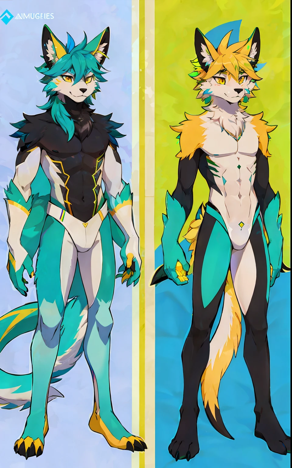Regulus, fursona, neon green, electric blue, beige pelt, male, furry, unique, black spines on back, reference sheet, long tail that ends with a multicolor feather rainbow tip, intense yellow eyes, double tail