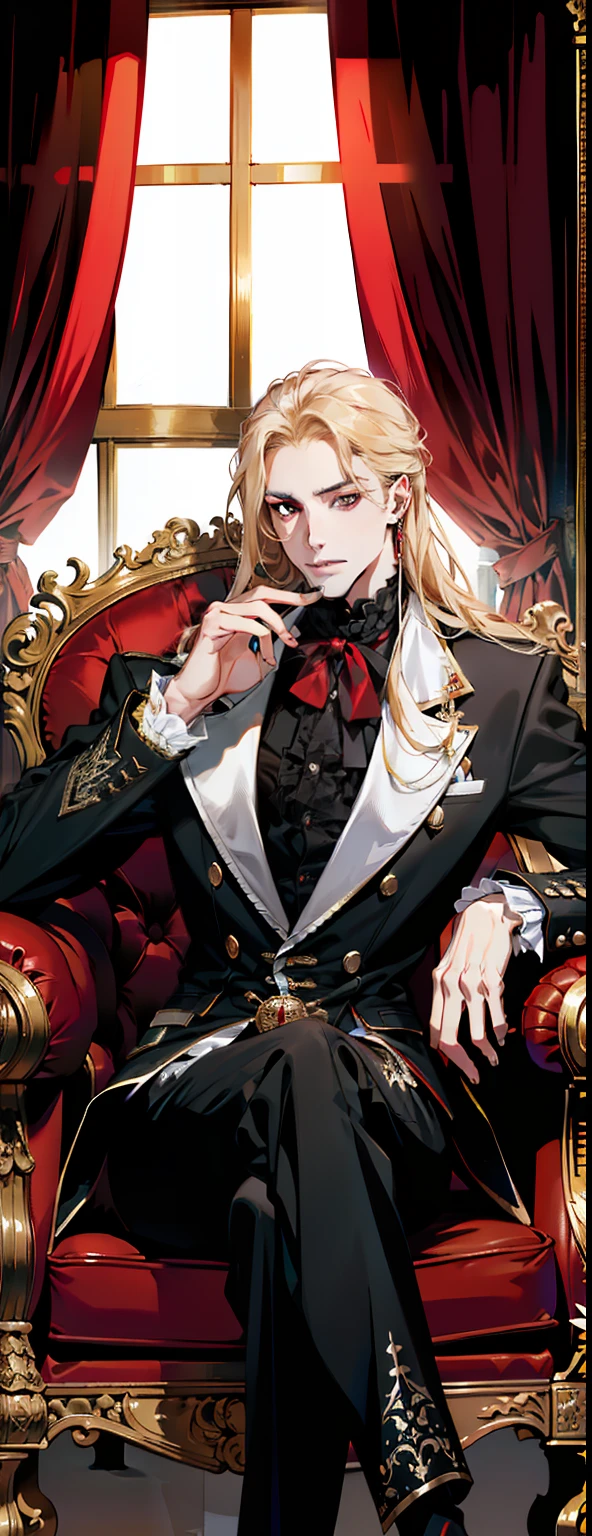 (absurdres, highres, ultra detailed),(absurdres, highres, ultra detailed), 1 male, adult, handsome, tall muscular guy, broad shoulders, finely detailed eyes and detailed face, long blond hair, large 18th-century baroque mansion, garden, nobleman, aristocratic, elegant, neat, graceful, sunset, scenery, smile upper body, attractive, red eyes, vampire fangs, red eyes,  throne, magic effect, flame