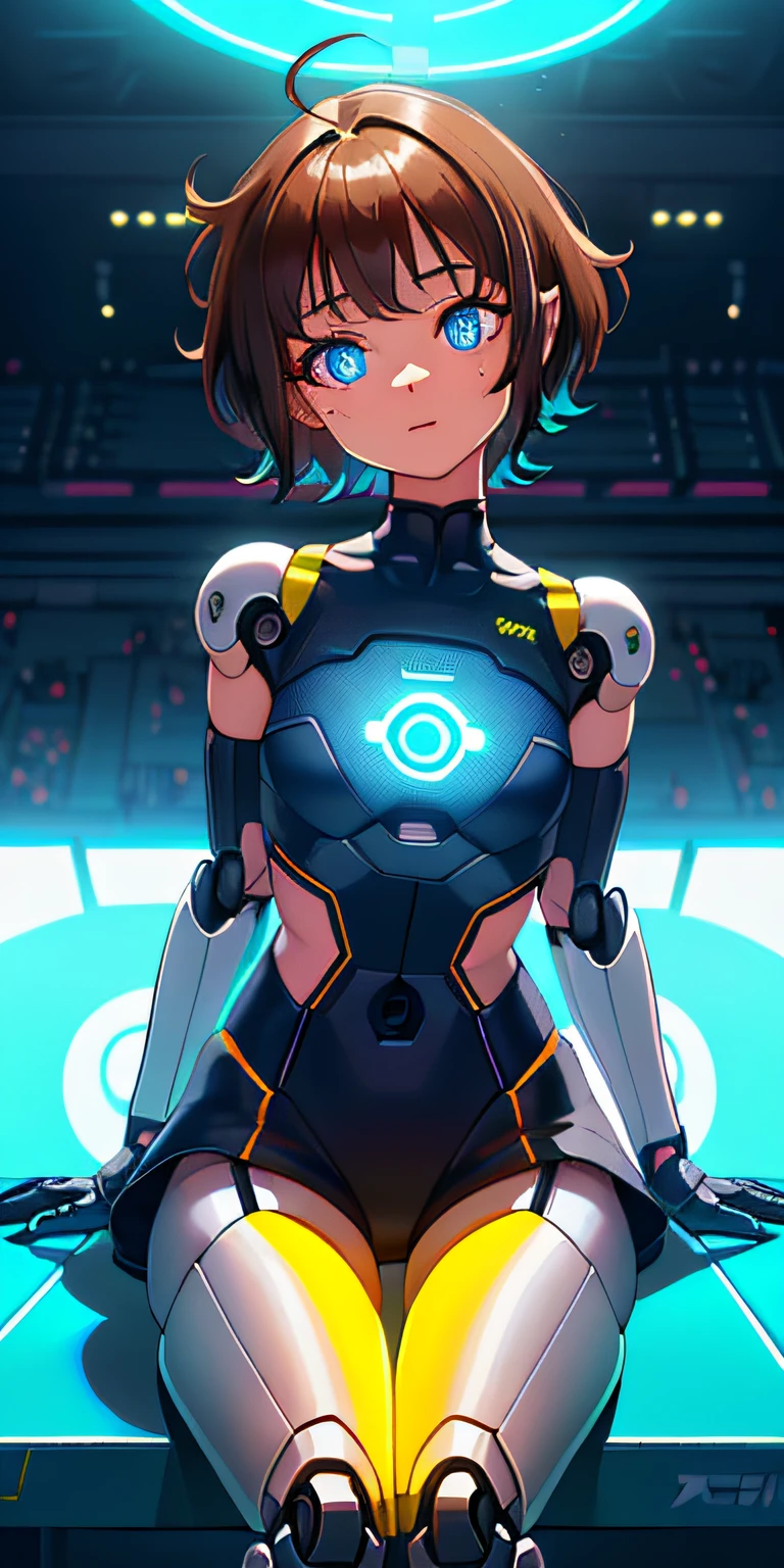 (sfw), intricate details, (bright neon colors), detailed background, daylight, indoors, 1girl, (android, petite, (cute face, excited, round eyes, bright glowing blue eyes, empty eyes), (human torso, petite perky breasts, cheerleader, robotic arms, robotic legs), (brown hair, short hair, messy hair)), sitting, twitching, dynamic angle