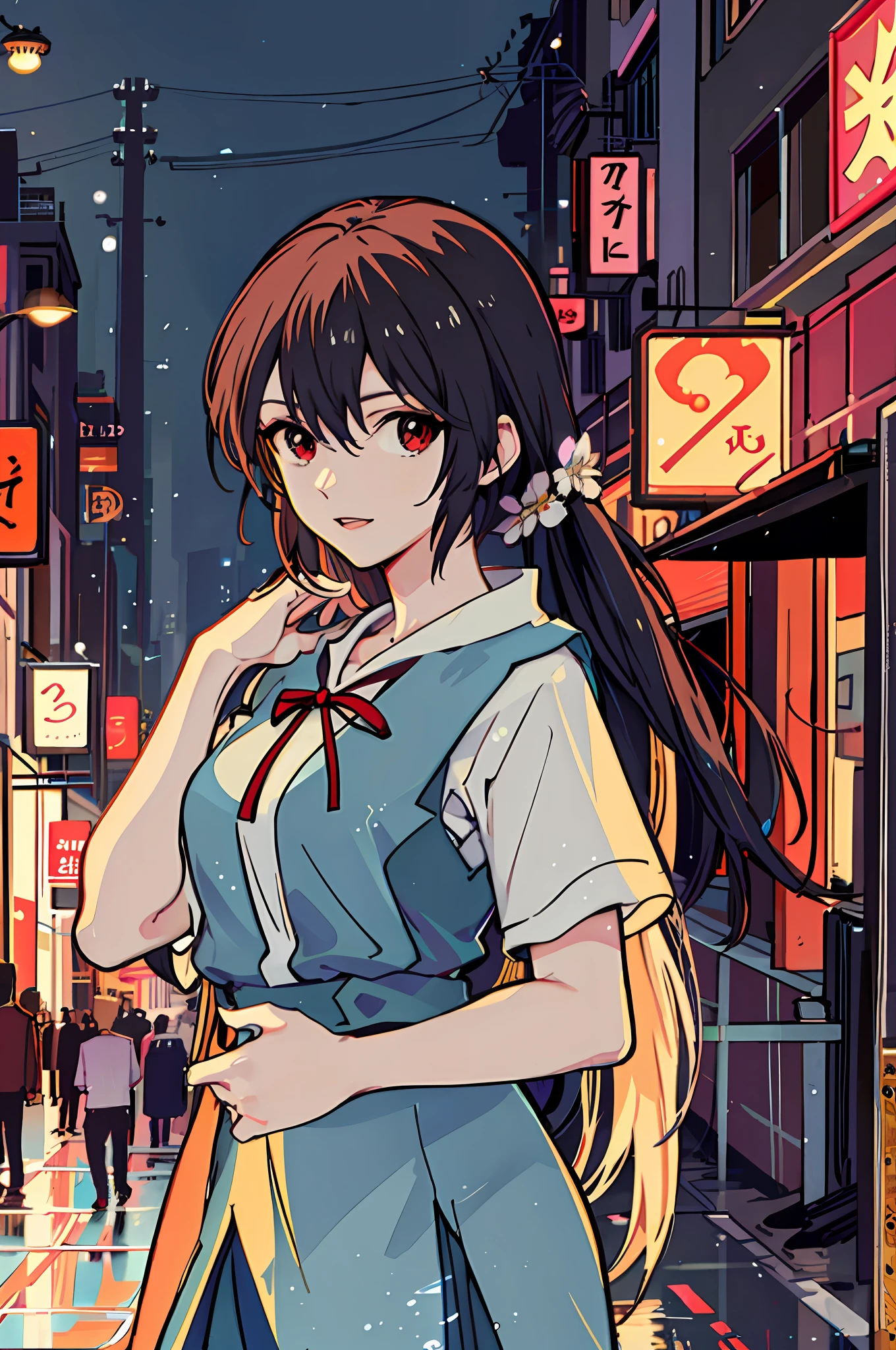 raining night,city,A beautiful woman in wearing school uniform on the bustling streets of Gintama, surrounded by vendors, beautiful portrait of a stunning goddess girl, beautiful detailed face, porcelain skin, half body shot, centered, ultra soft lighting, symmetry, intricate, elegant, highly detailed, photorealistic, artstation, concept art, smooth, as imagined by greg rutkowski and borris vallejo, cover, vogue style