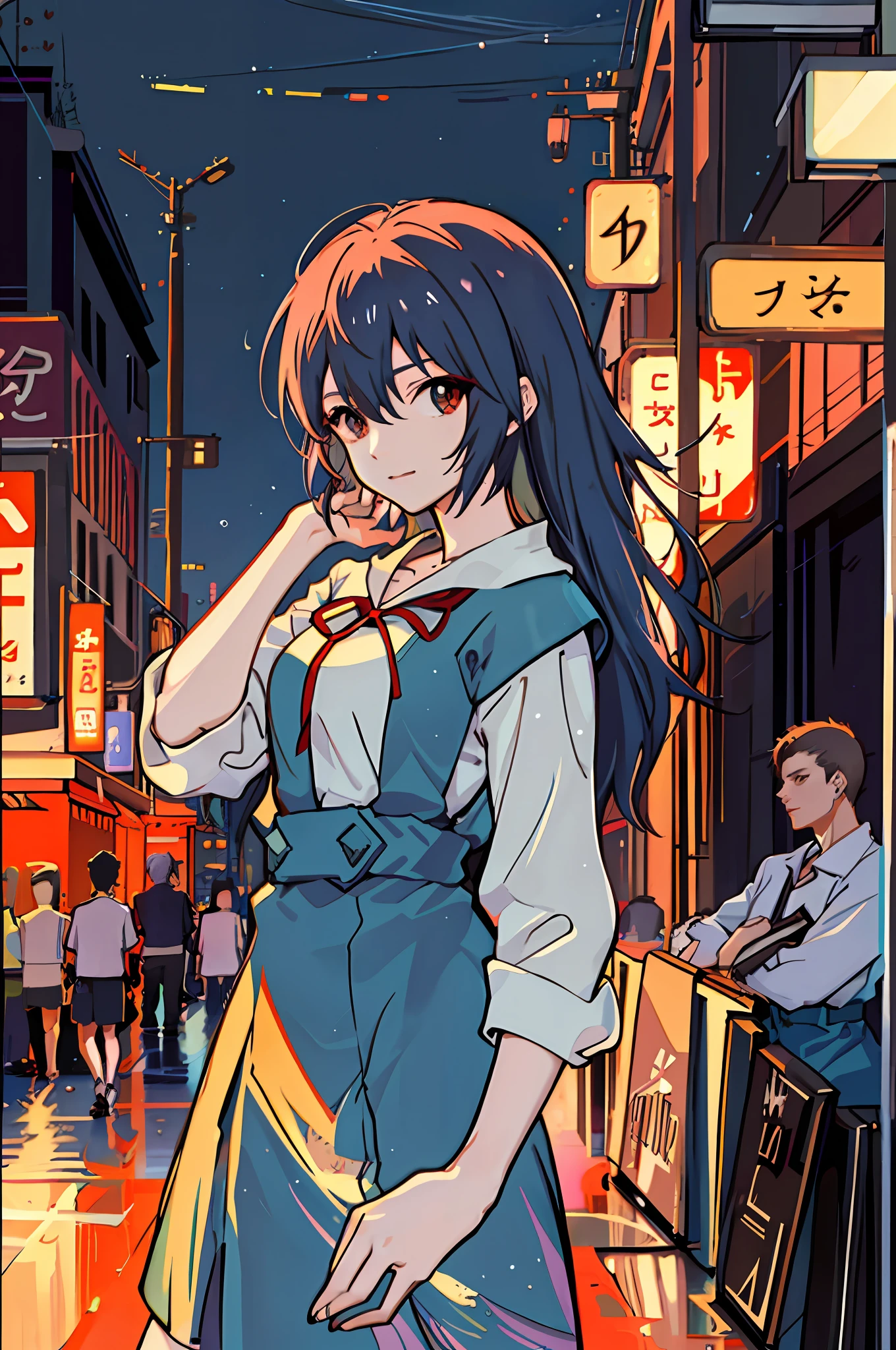 raining night,city,A beautiful woman in wearing school uniform on the bustling streets of Gintama, surrounded by vendors, beautiful portrait of a stunning goddess girl, beautiful detailed face, porcelain skin, half body shot, centered, ultra soft lighting, symmetry, intricate, elegant, highly detailed, photorealistic, artstation, concept art, smooth, as imagined by greg rutkowski and borris vallejo, cover, vogue style