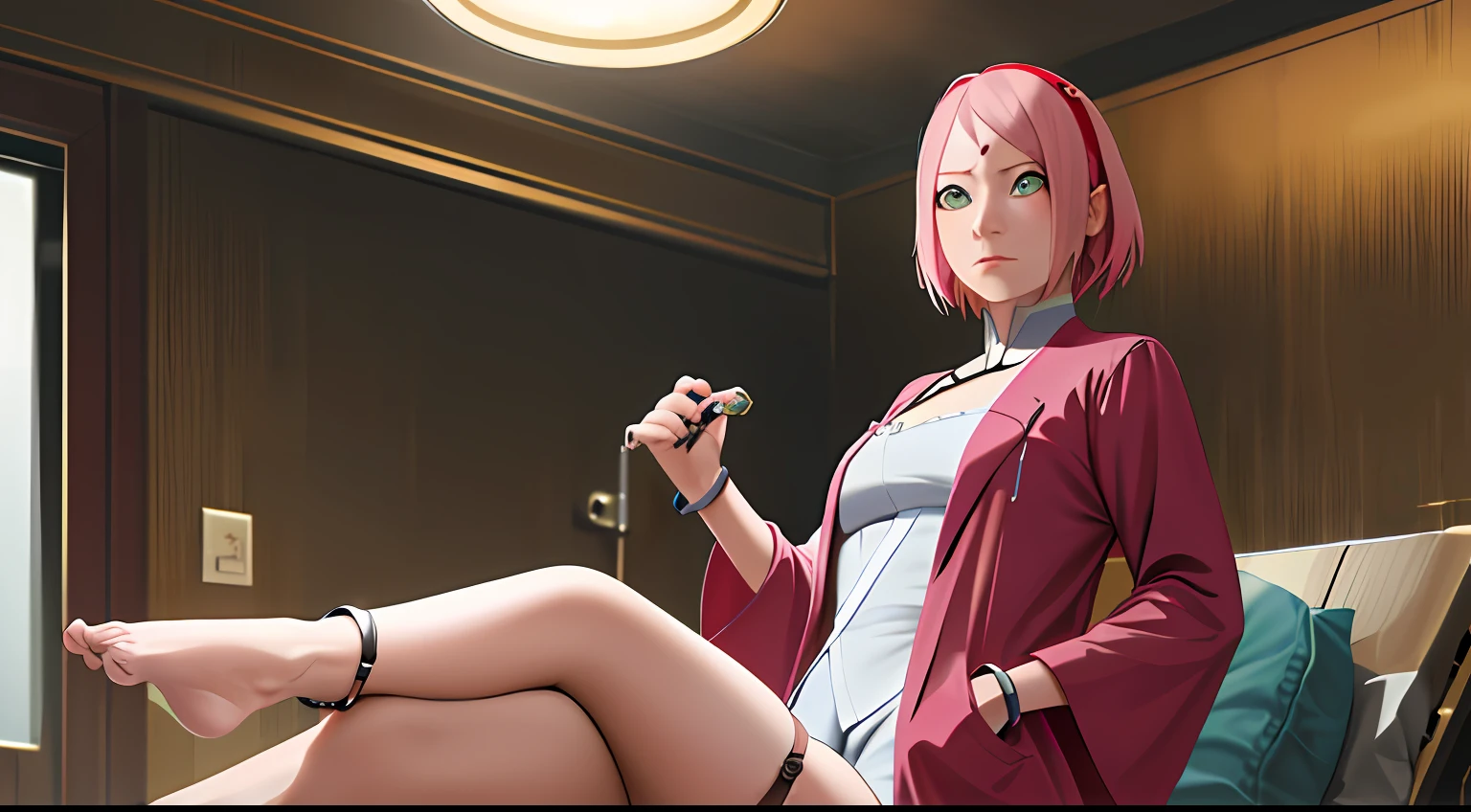 masterpiece, absurdres , (intricate details), (colorful),cinematic lighting,bust shot,extremely detailed CG unity 8k wallpaper, 1girl, solo, haruno sakura,red hairband,forehead mark, labcoat, hand in pocket, bracelet , looking at viewer, angry, cowboy shot, crossed legs, sitting, hospital bed, open clothes,lingerie, garter straps,