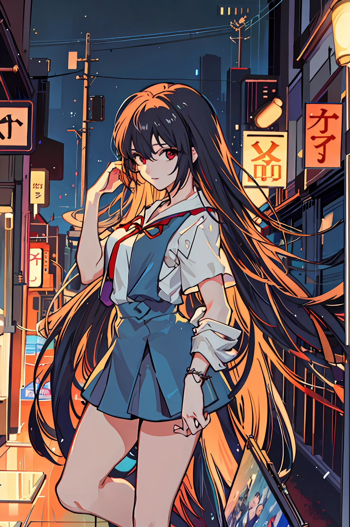 raining night,city,A beautiful woman in wearing school uniform on the bustling streets of Gintama, surrounded by vendors, beautiful portrait of a stunning goddess girl, beautiful detailed face, porcelain skin, half body shot, centered, ultra soft lighting, symmetry, intricate, elegant, highly detailed, photorealistic, artstation, concept art, smooth, as imagined by greg rutkowski and borris vallejo, cover, vogue style