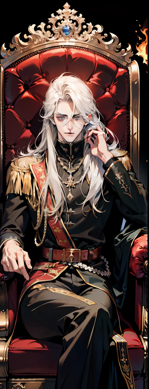(absurdres, highres, ultra detailed), 1 male, adult, handsome, tall muscular guy, broad shoulders, finely detailed eyes and detailed face, long hair, fantasy, magnificent background, throne, magic effect, flame