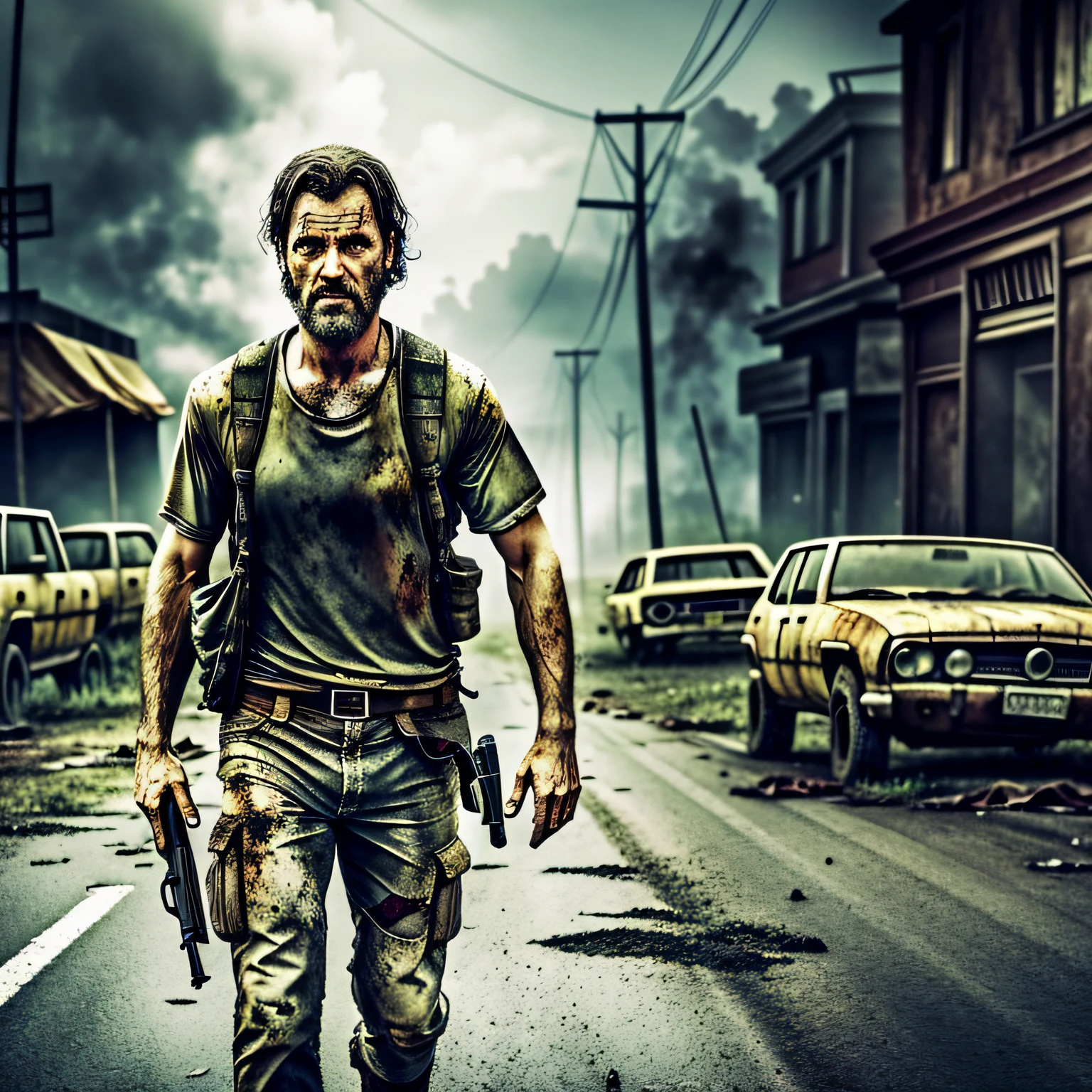 Tired man and sweating running from zombies, post-apocalyptic world