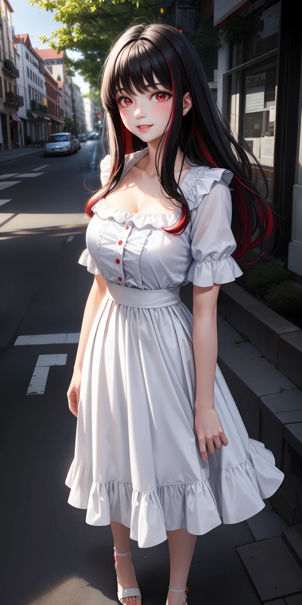 Realistic, 1 girl, black hair with red highlights, red eyes, shining eyes, smile, white ruffled shirt, skirt, parted lips, blush, daylight, sunlight, white skirt, long skirt, medium length hair, realistic, warm color, cleavage, white clothes, looking up angle, bright cityscape, tree-lined street,