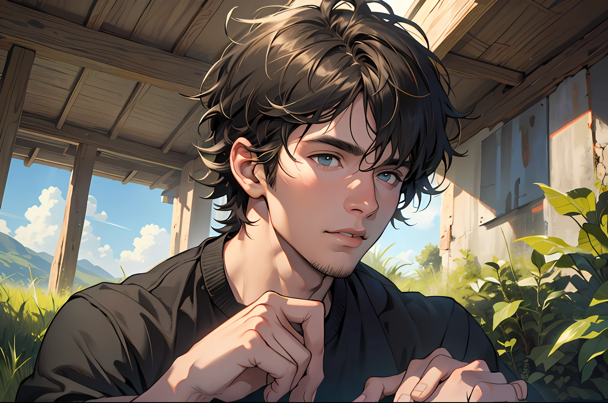 4k realistic, 25 years old, boy, grass, nature, messy hair, short hair