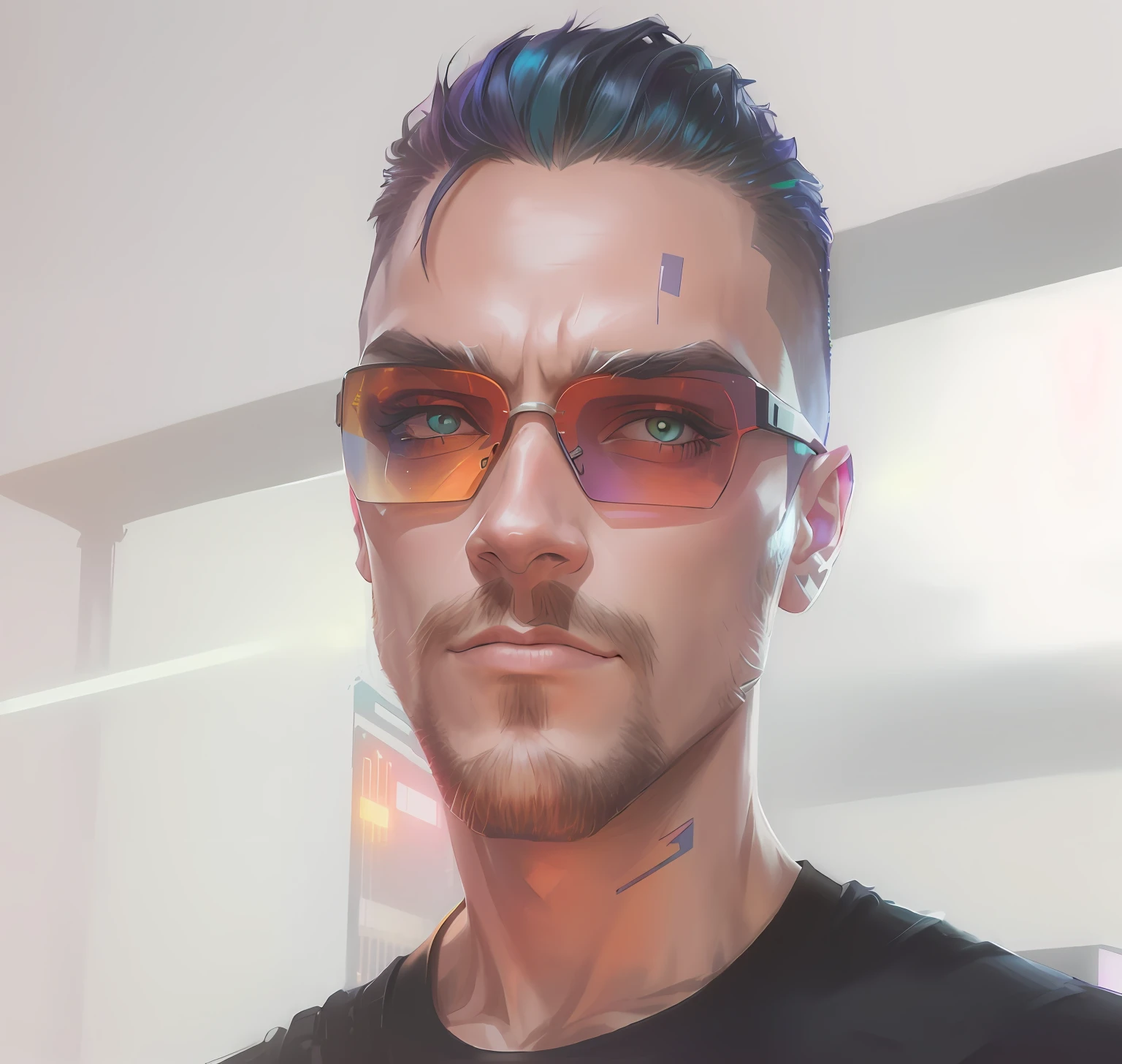 Sunglasses, cyberpunk art, funk art, cuberpunk background, cyberpunk neon testurized clothing, bright eyes, dazzling gradient colors, stylized portrait h 704, pompadour, cool colors. insanely detailed, T-800, no watermark signature, in rich colors, outdated