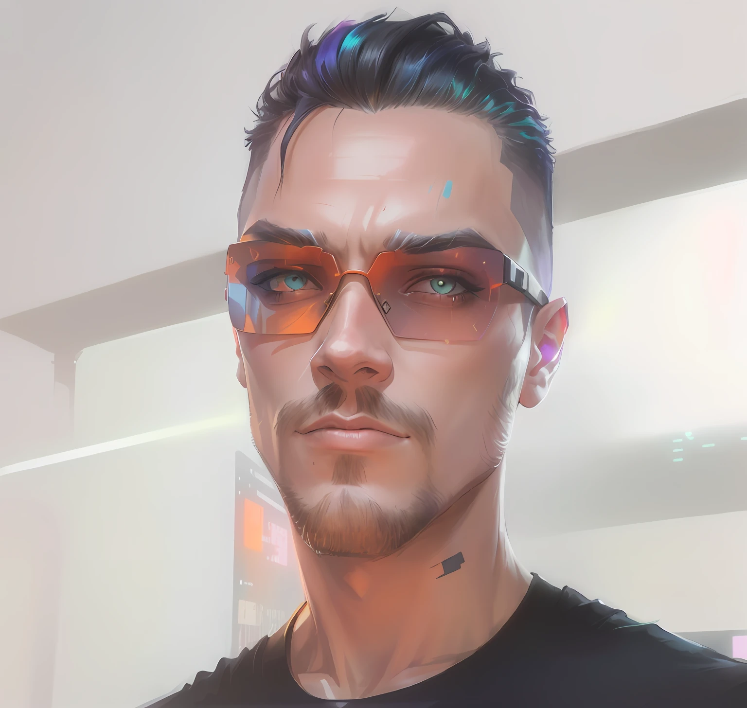 Sunglasses, cyberpunk art, funk art, cuberpunk background, cyberpunk neon testurized clothing, bright eyes, dazzling gradient colors, stylized portrait h 704, pompadour, cool colors. insanely detailed, T-800, no watermark signature, in rich colors, outdated