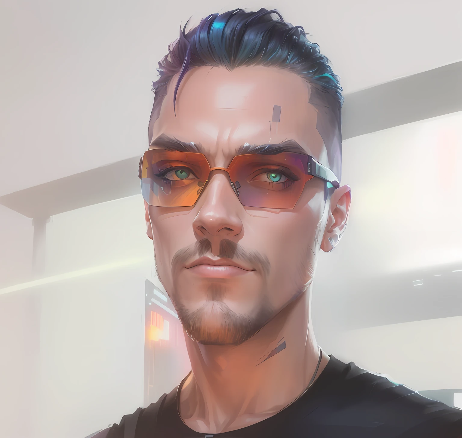 Sunglasses, cyberpunk art, funk art, cuberpunk background, cyberpunk neon testurized clothing, bright eyes, dazzling gradient colors, stylized portrait h 704, pompadour, cool colors. insanely detailed, T-800, no watermark signature, in rich colors, outdated