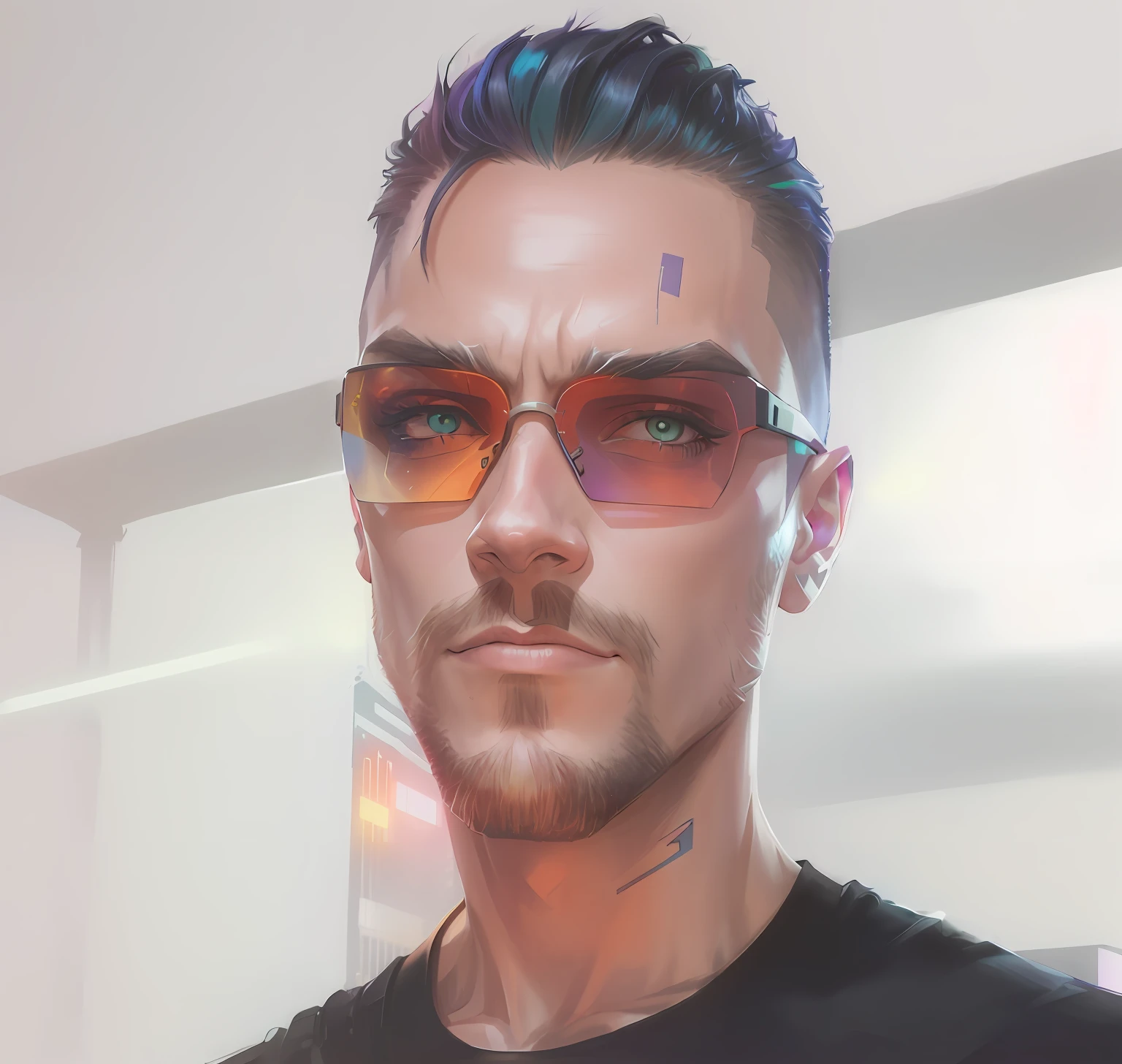 Sunglasses, cyberpunk art, funk art, cuberpunk background, cyberpunk neon testurized clothing, bright eyes, dazzling gradient colors, stylized portrait h 704, pompadour, cool colors. insanely detailed, T-800, no watermark signature, in rich colors, outdated