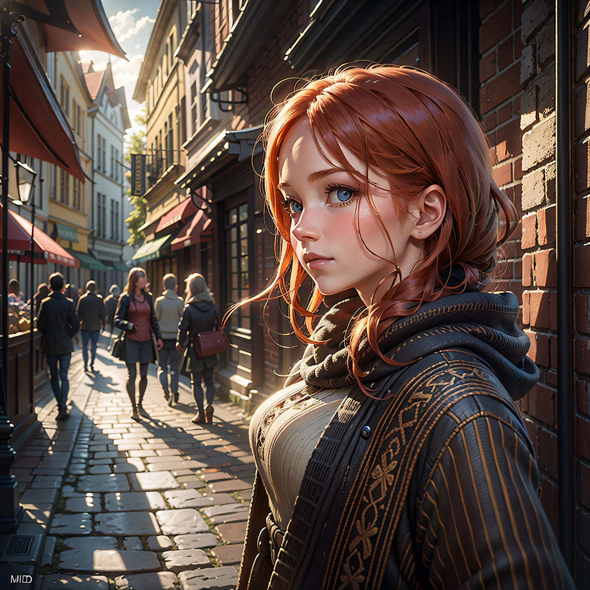 Photorealistic photo of young ginger woman wondering in old market i Tailand, soft smile, art by midjorney, luminism, ultimate intricate shadow - light contrast, IPA award wining masterpiece, artistic lens, warm colors, art by Tim Burton