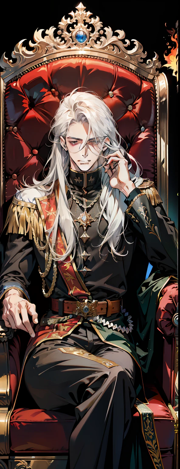 (absurdres, highres, ultra detailed), 1 male, adult, handsome, tall muscular guy, broad shoulders, finely detailed eyes and detailed face, long hair, fantasy, magnificent background, throne, magic effect, flame