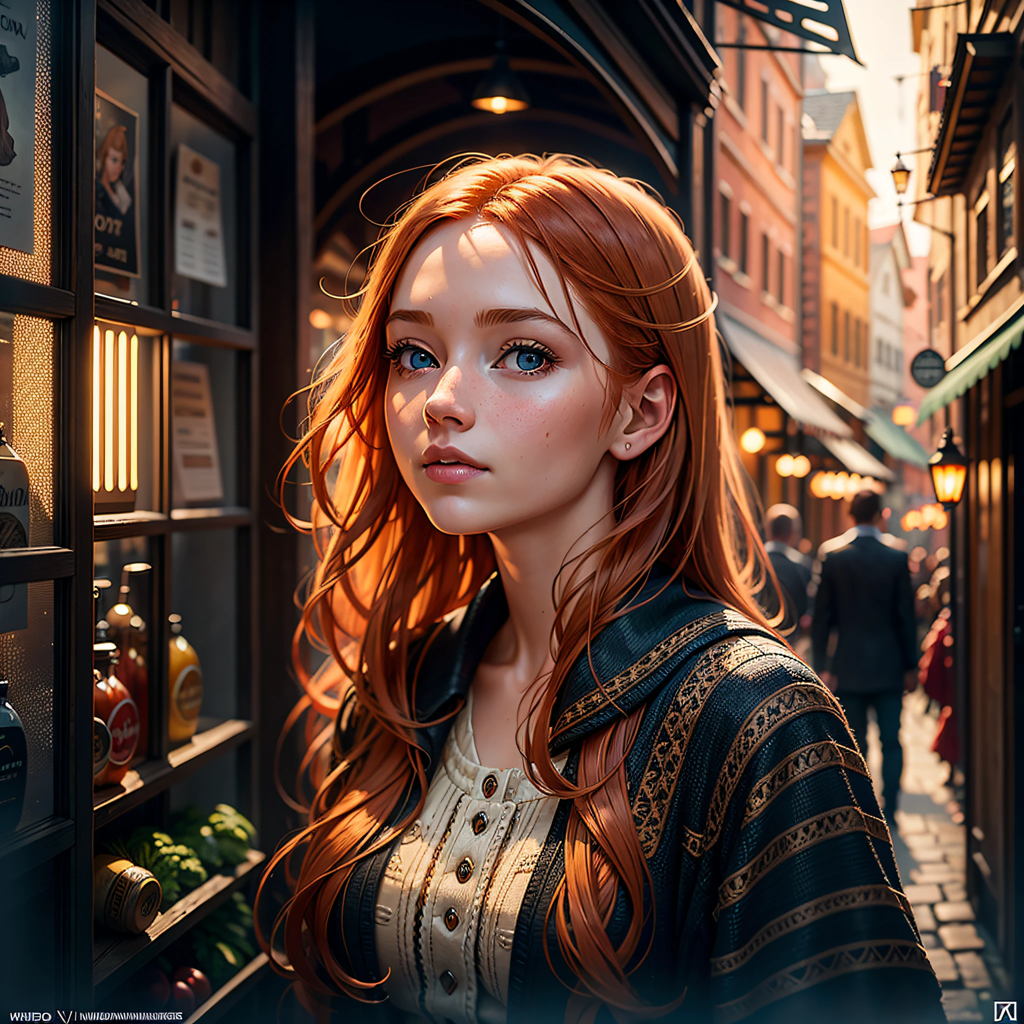 Photorealistic photo of young ginger woman wondering in old market i Tailand, soft smile, art by midjorney, luminism, ultimate intricate shadow - light contrast, IPA award wining masterpiece, artistic lens, warm colors, art by Tim Burton
