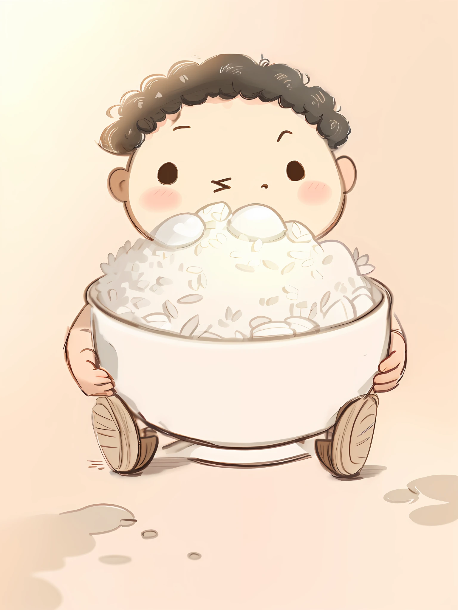(Masterpiece, the best quality), a boy holding a large bowl of rice with meat and vegetables in his hands,