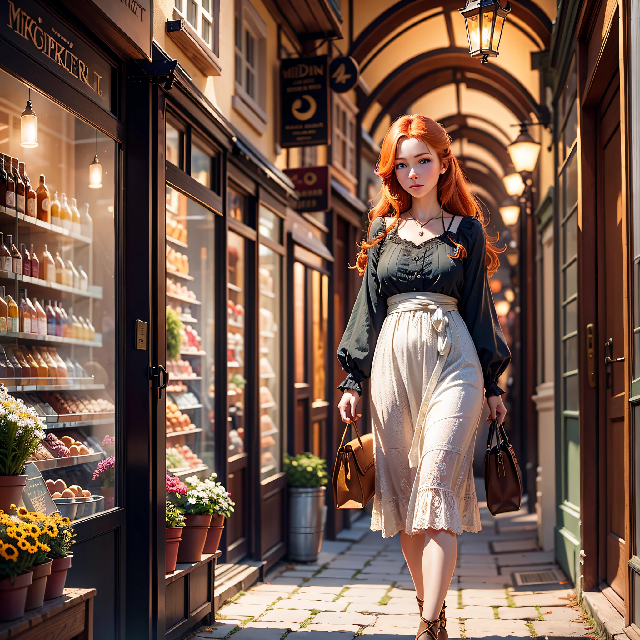 Photorealistic photo of young ginger woman wondering in old market i Tailand, soft smile, art by midjorney, luminism, ultimate intricate shadow - light contrast, IPA award wining masterpiece, artistic lens, warm colors, art by Tim Burton
