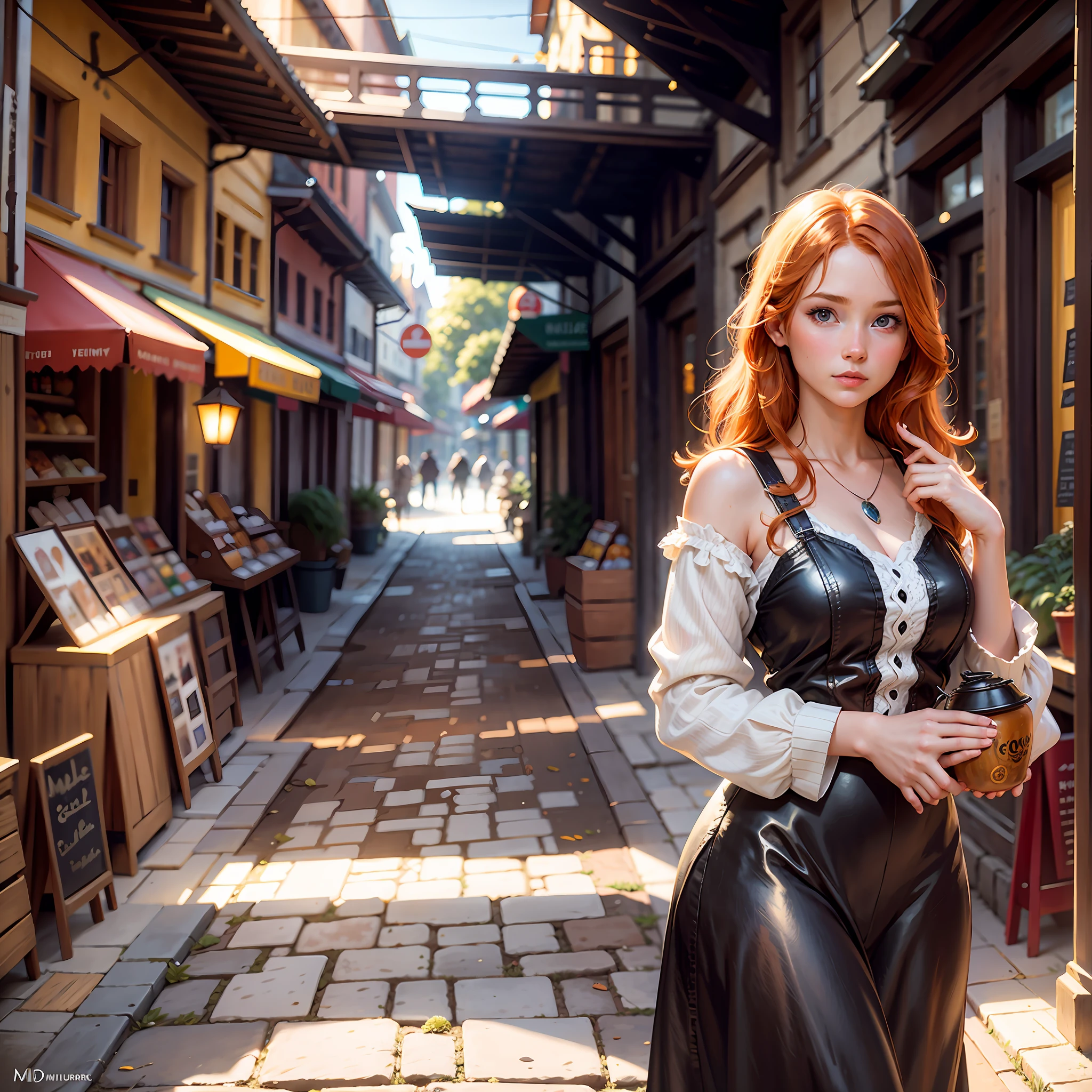 Photorealistic photo of young ginger woman wondering in old market i Tailand, soft smile, art by midjorney, luminism, ultimate intricate shadow - light contrast, IPA award wining masterpiece, artistic lens, warm colors, art by Tim Burton