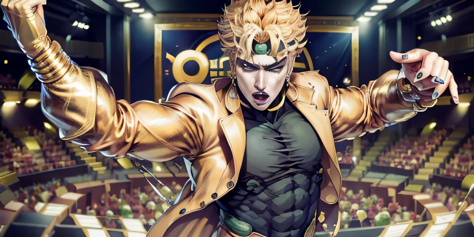 Dio Brando, yellow hair, jojo's bizzare adventure stardust crusader, singing, pizzeria background, on stage, alone, perfect body, suit