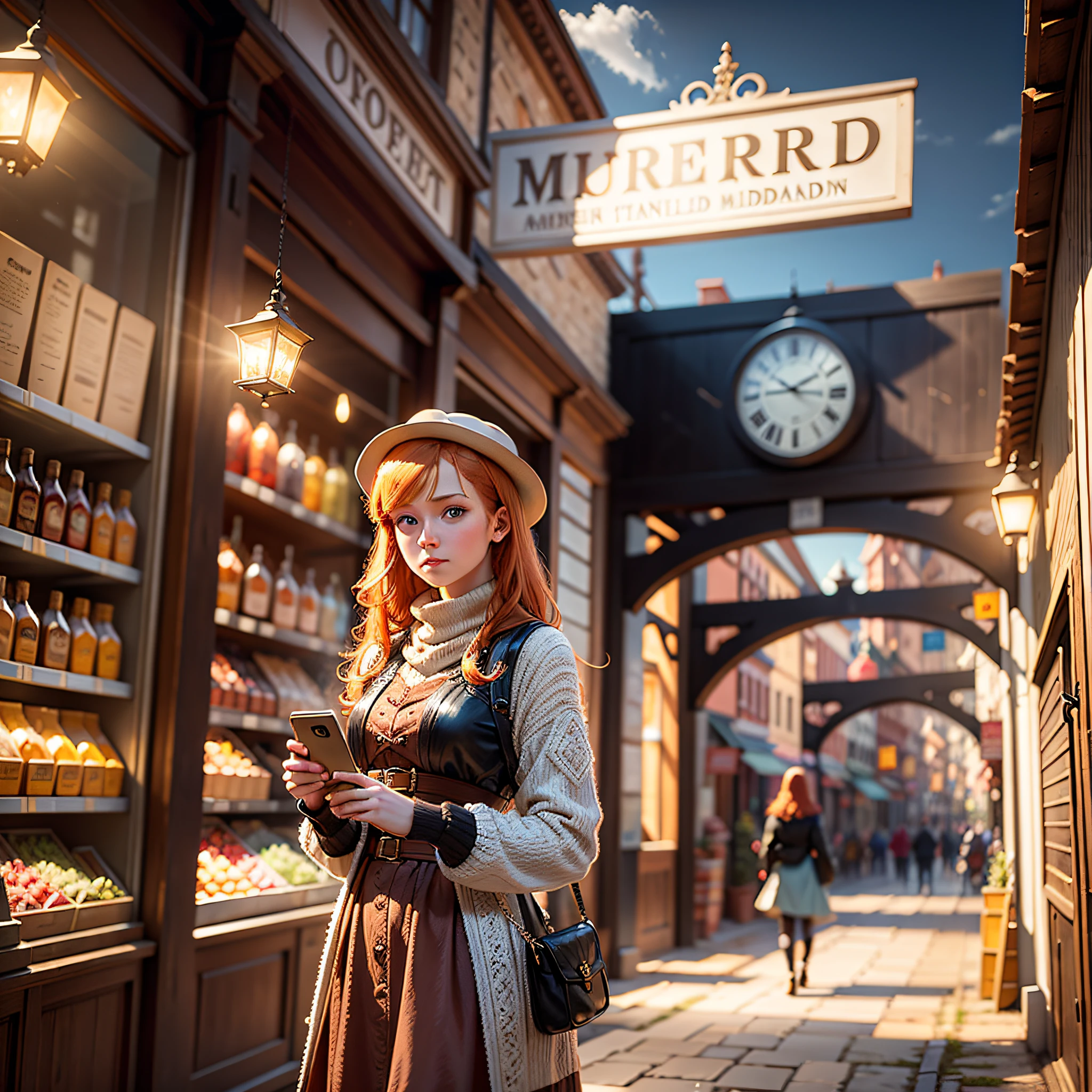 Photorealistic photo of young ginger woman wondering in old market i Tailand, soft smile, art by midjorney, luminism, ultimate intricate shadow - light contrast, IPA award wining masterpiece, artistic lens, warm colors, art by Tim Burton