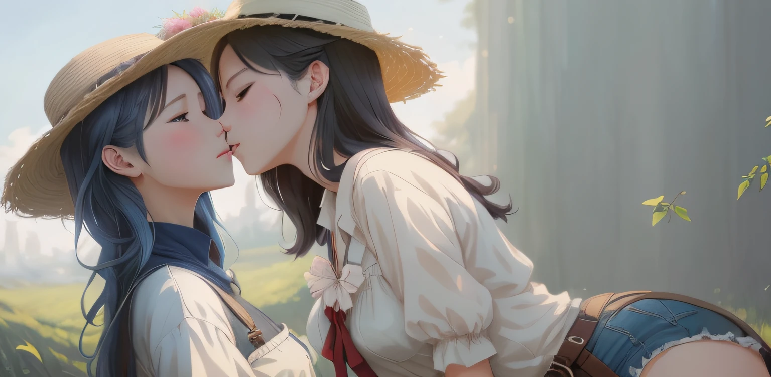 anime couple kissing in a field with a tree in the background, artwork in the style of guweiz, guweiz, guweiz masterpiece, guweiz on pixiv artstation, guweiz on artstation pixiv, trending on cgstation, 8k high quality detailed art, detailed painting 4 k, lesbian art