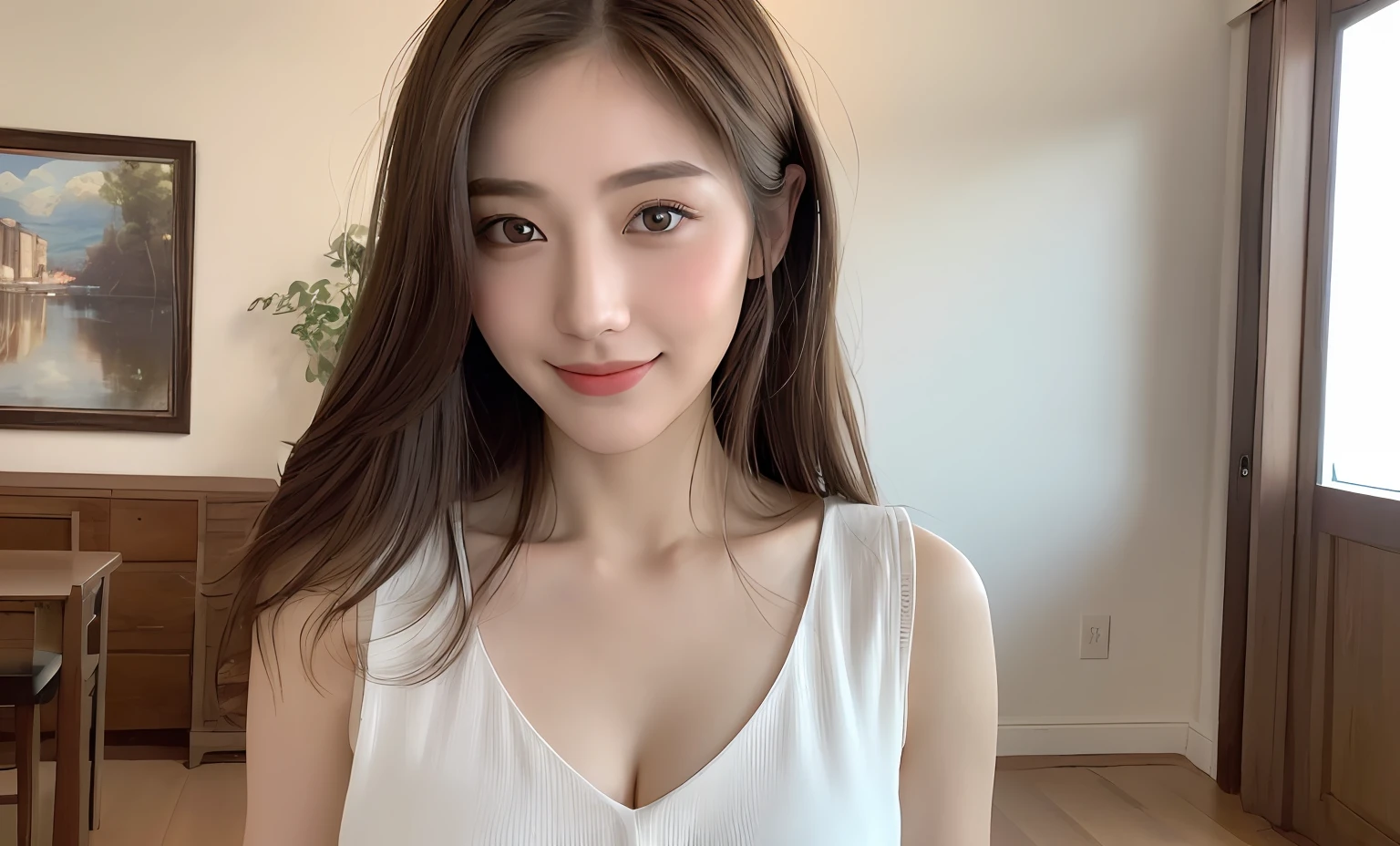 ((Best quality, 8k, Masterpiece :1.3)), 1girl, beautiful woman with emphasis on slim abs: 1.3, ( brown hair, big breasts: 1.2), casual wear: 1.2, interior, ultra-detailed face, delicate eyes, double eyelids, soft breasts, smile, exposed cleavage