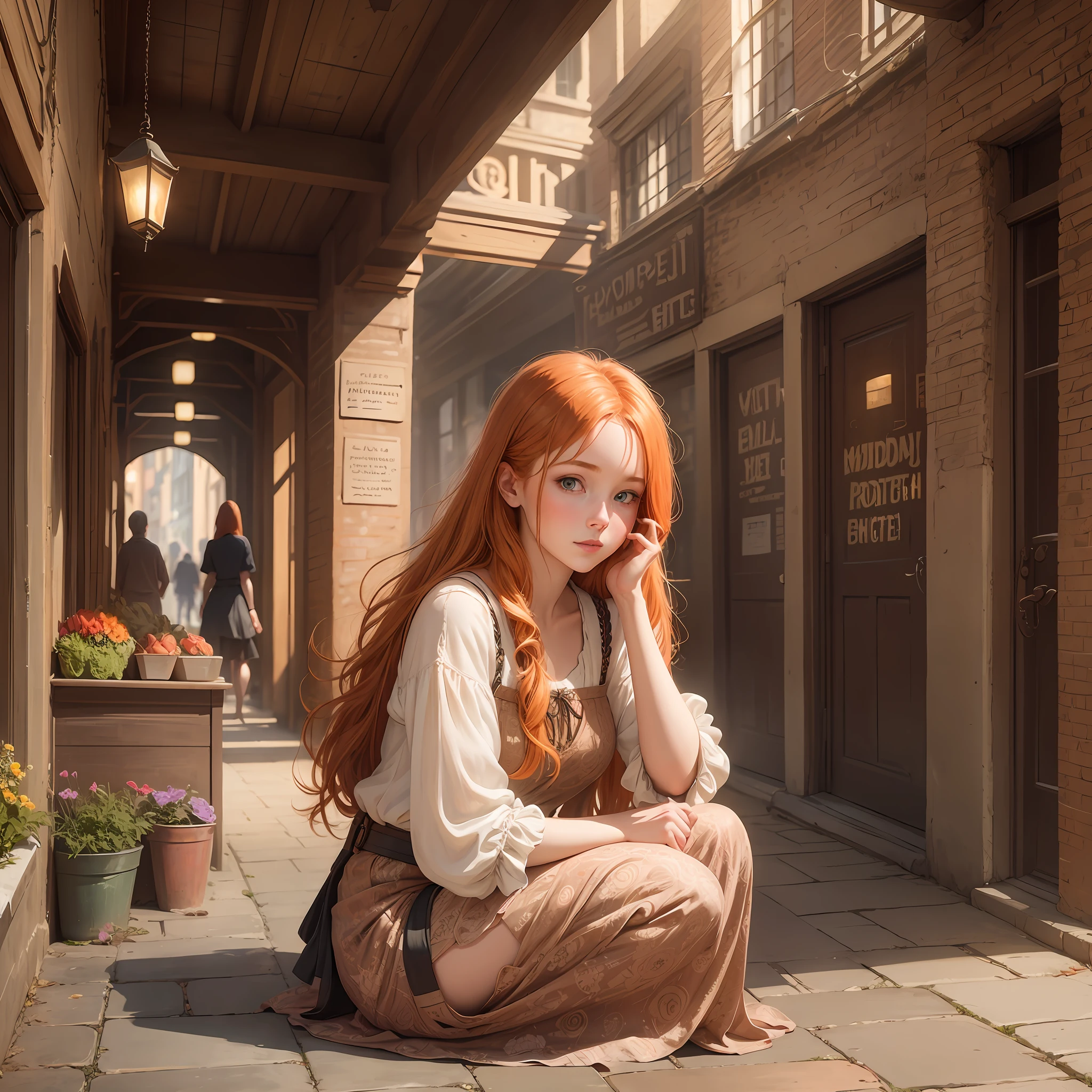 Photorealistic photo of young ginger woman wondering in old market i Tailand, soft smile, art by midjorney, luminism, ultimate intricate shadow - light contrast, IPA award wining masterpiece, artistic lens, warm colors, art by Tim Burton