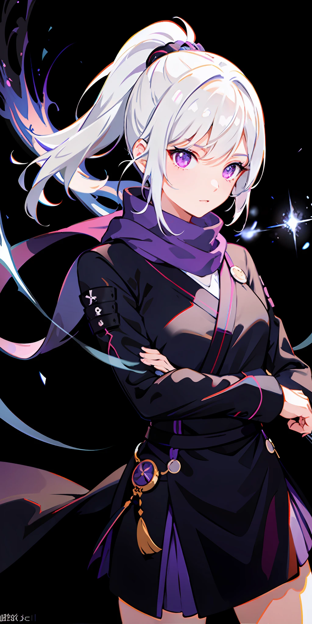 upper body, 1girl, white hair, ponytail, purple eyes, (ninja), short sword, medium breats ,scarf, wallpaper, magic circle background, light particles, blue fire,