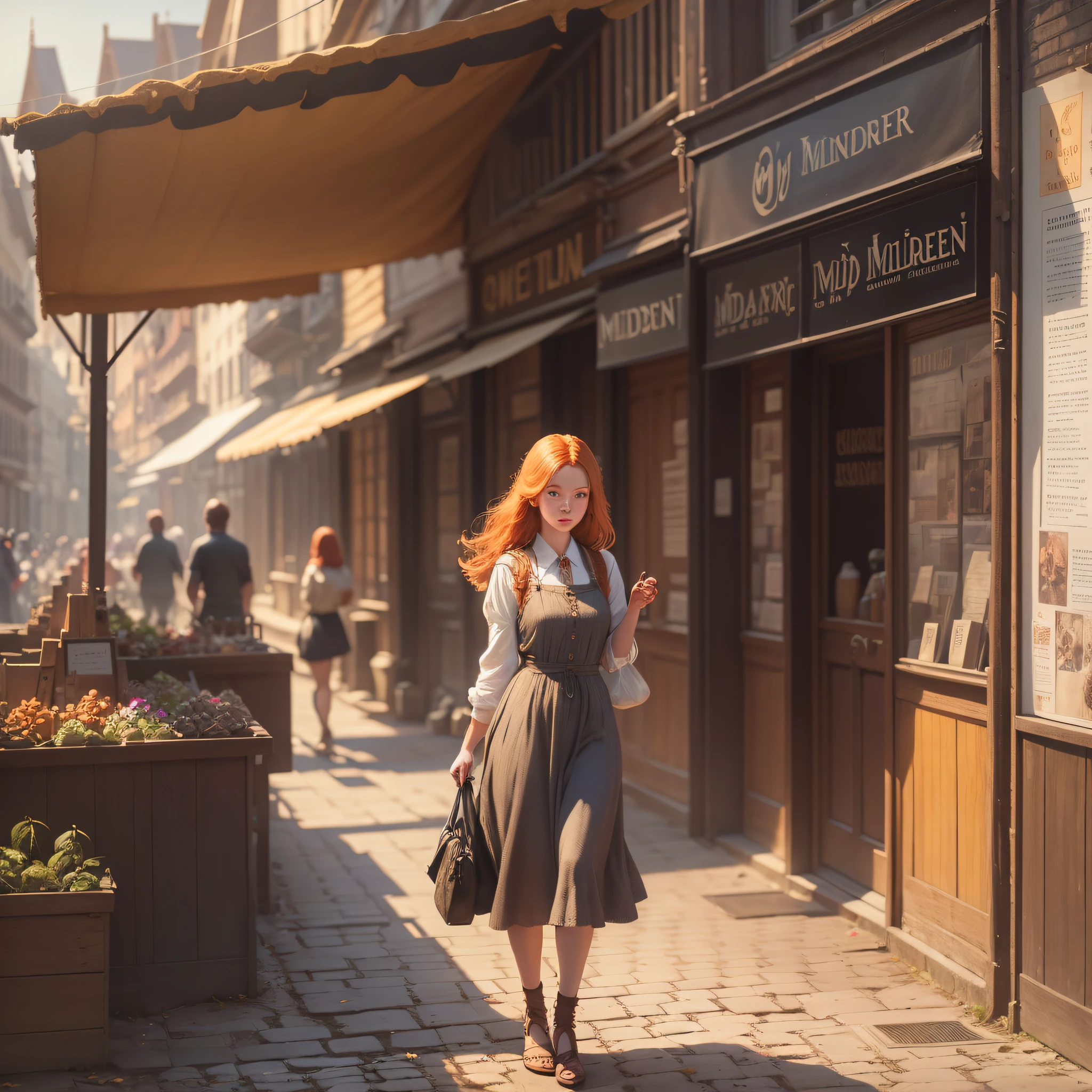 Photorealistic photo of young ginger woman wondering in old market i Tailand, soft smile, art by midjorney, luminism, ultimate intricate shadow - light contrast, IPA award wining masterpiece, artistic lens, warm colors, art by Tim Burton