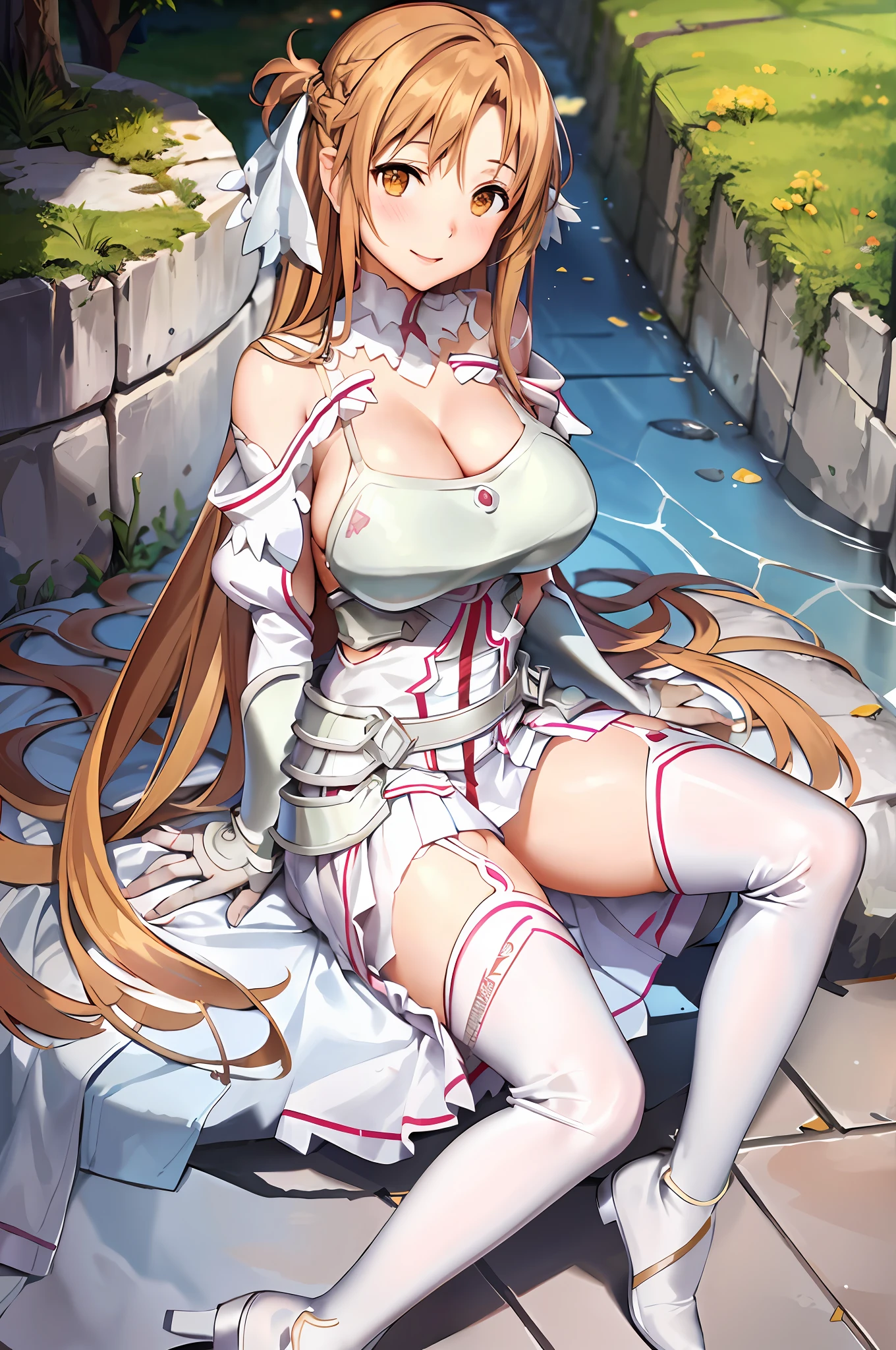 stacia, asuna, asuna_\(sao\), 1girl, (sexy pose:1.2), fantasy, highres, original, realistic, (excite), scenery, close_up, upper_body, (sit on a grass), smiling, solo, (potruding nipple:1.2), long hair, (huge breasts:1.0), looking at viewer, smile, open mouth, bangs ,detailed eyes, beautiful background, (forrest), hands on the chest, orange hair, (spread legs:1.3), thighhighs, gloves, dress, (cleavage:1.4), (squeezing tits:1.6), bare shoulders, brown eyes, very long hair, standing, (full body:1.5), white gloves, white dress, (open Breasts:1.5), armor, white thighhighs, garter straps, breeze, white armor, abec