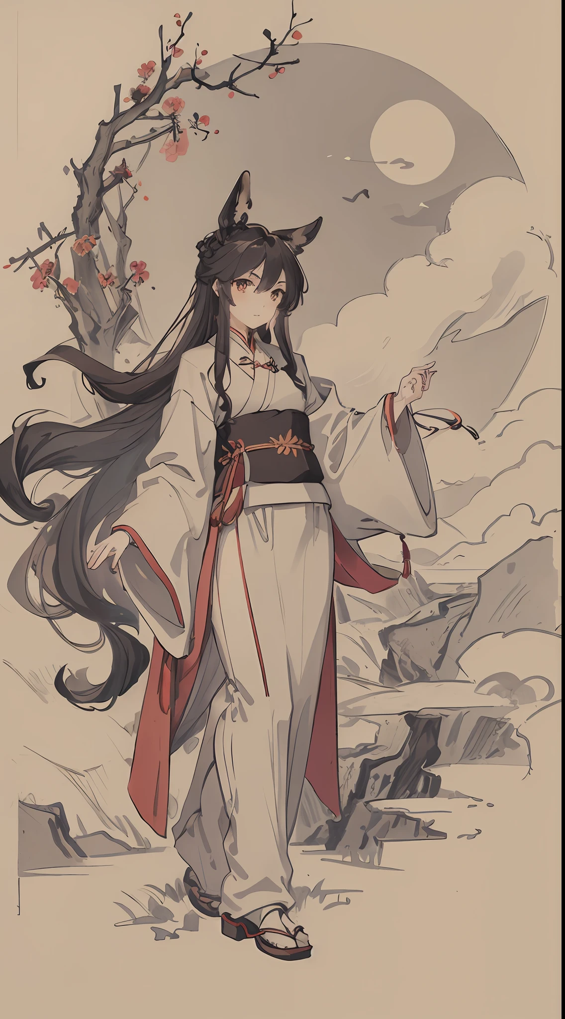 Masterpiece, best quality, night, hills, clouds, full moon, long hair, woman, silhouette, firefly. Chinese style, simple, quadratic