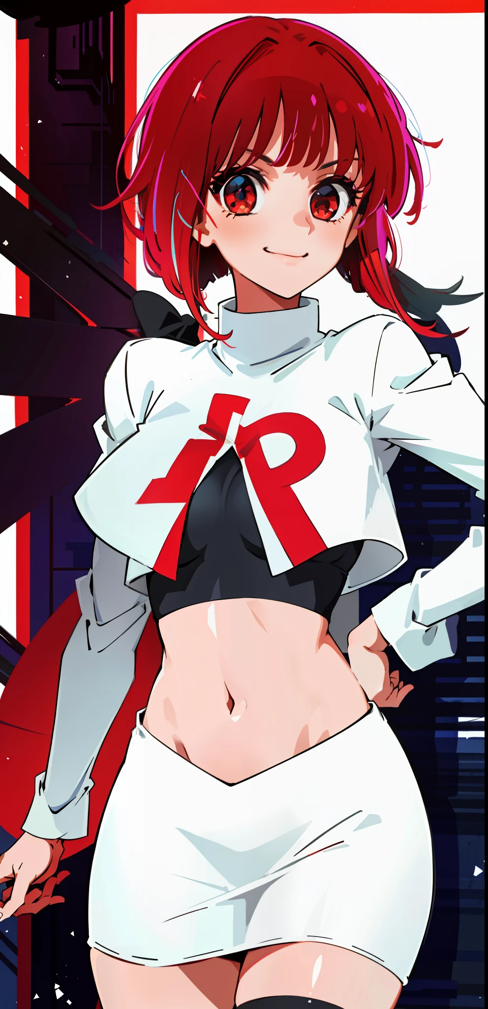 1girl, solo, smile, smug, team rocket uniform, white jacket, white skirt, pencil skirt, miniskirt, thighhigh boots, midriff, red letter "R", red hair, red eyes, Arima kana, medium breast