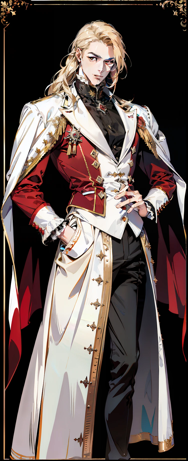 (absurdres, highres, ultra detailed),(absurdres, highres, ultra detailed), 1 male, adult, handsome, tall muscular guy, broad shoulders, finely detailed eyes and detailed face, long blond hair, large 18th-century baroque mansion, garden, nobleman, aristocratic, elegant, neat, graceful, sunset, scenery, smile, attractive, red eyes, vampire fangs, red eyes, character sheet, full body