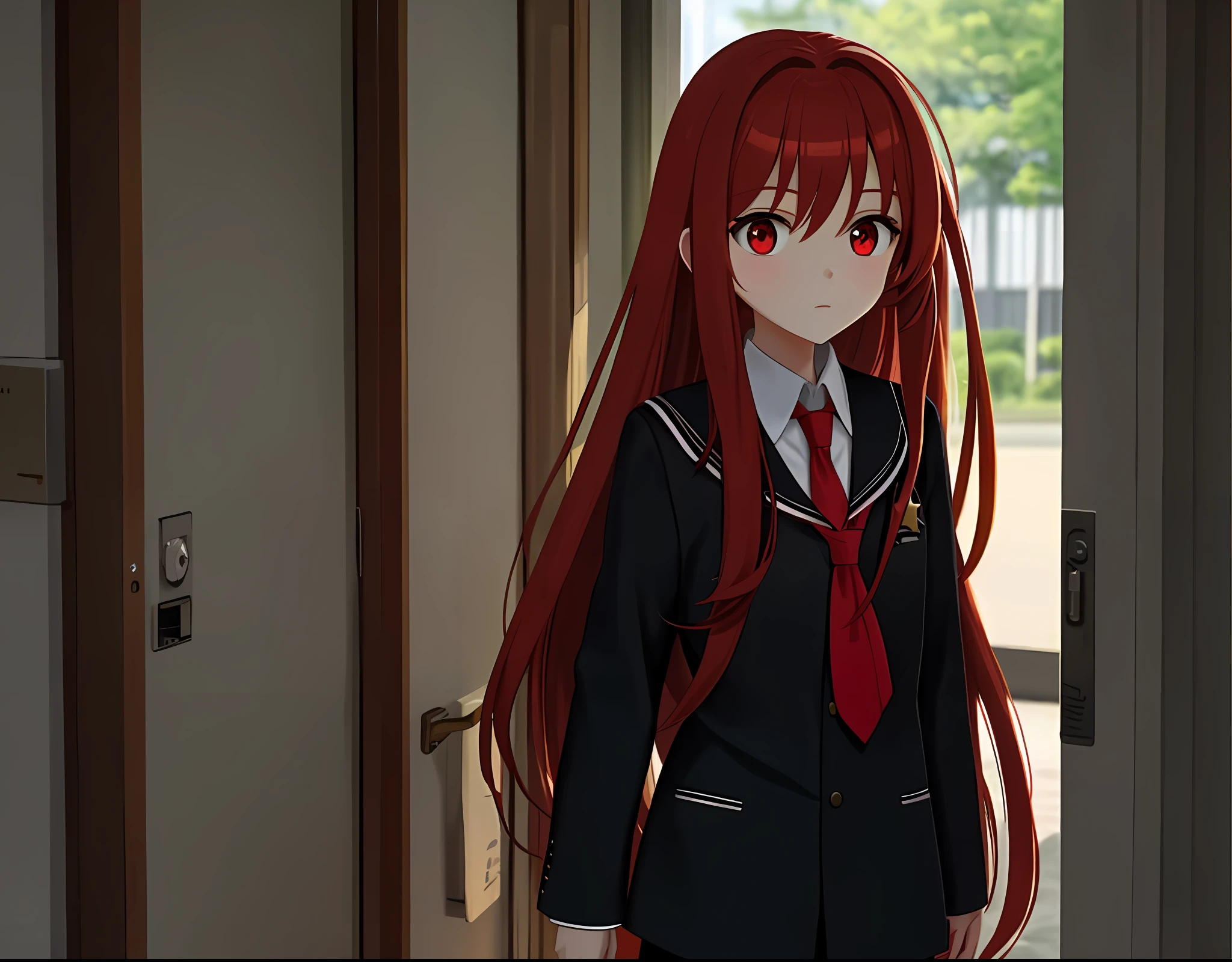 Two-dimensional, red long-haired star-eyed girl, wearing a school uniform