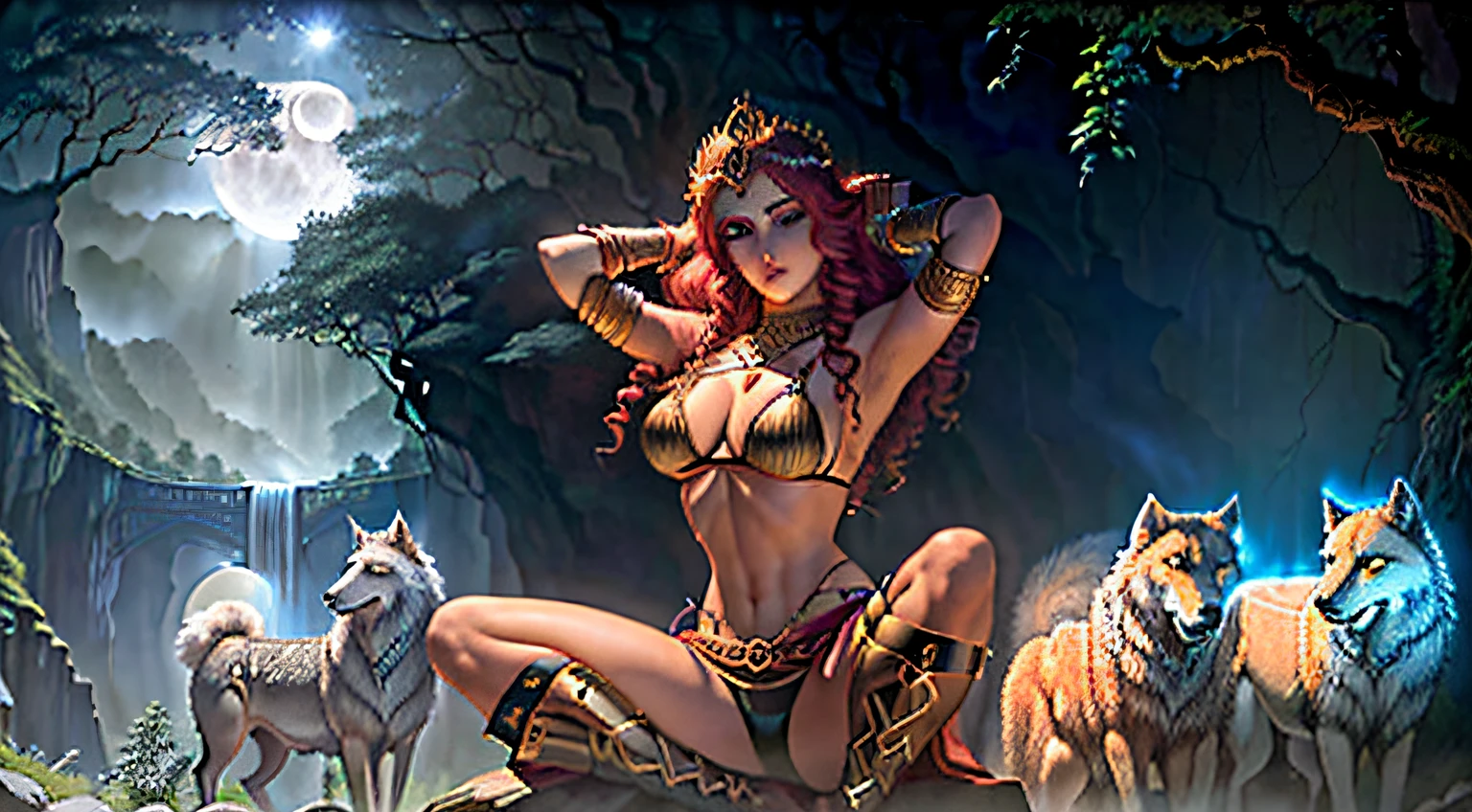 ((realistic: 1.5),((best quality)), ((masterpiece)),((detailed)), (1girl), {a beautiful female wearing a biquio}, (upper body: 1.3), super-wide-angle lens, focus on face, mature, sexy, toned muscles, long legs, curvy, bare feet, medium-grade breasts, open neckline, heaving breasts, thick thighs, wide hips, thin legs, blue eyes, long curly blood red hair, floting hair, long eyelashes, (detailed face, beautiful eye, detailed pupils, detailed clothing features, light background: 1.3), (Bindi, Jhumkas: 1.3), (Armlet, Haar, Payal, Maang Tikka, Jhumkas, Kamarband, Bangles: 1.3), mysterious ancient forest, lush forests, deep canyons, bridge, river, cliff, cloud, lakes, rock, waterfalls, flowers, grass, fog, vine, tree, smoke, best shade, bright details, sharp, perfect composition, intricate, sharp focus, dramatic, by Frank Frazetta, by Julie Bell, by Olivia De Berardinis, by Luis Royo,by boris vallejo, (specular lighting:1.3),rim light, princesses, royal underwear, surrounded by a pack of wolves, looking at full moon in the sky, late at night