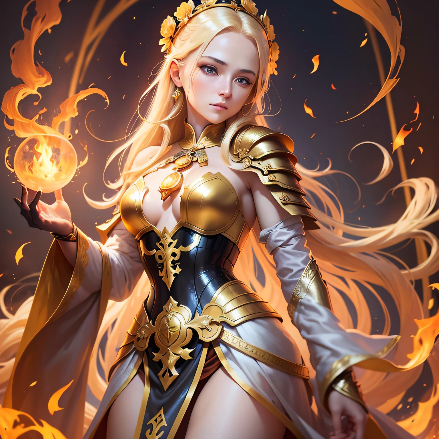 A woman monk with blonde hair like the divine flame, yellowish colored eyes, a stunning beauty, wearing a monk's gown with armor on her chest and shoulders, virgin's countenance equal to that of a saint, a little fire comes out of her heart --auto --s2