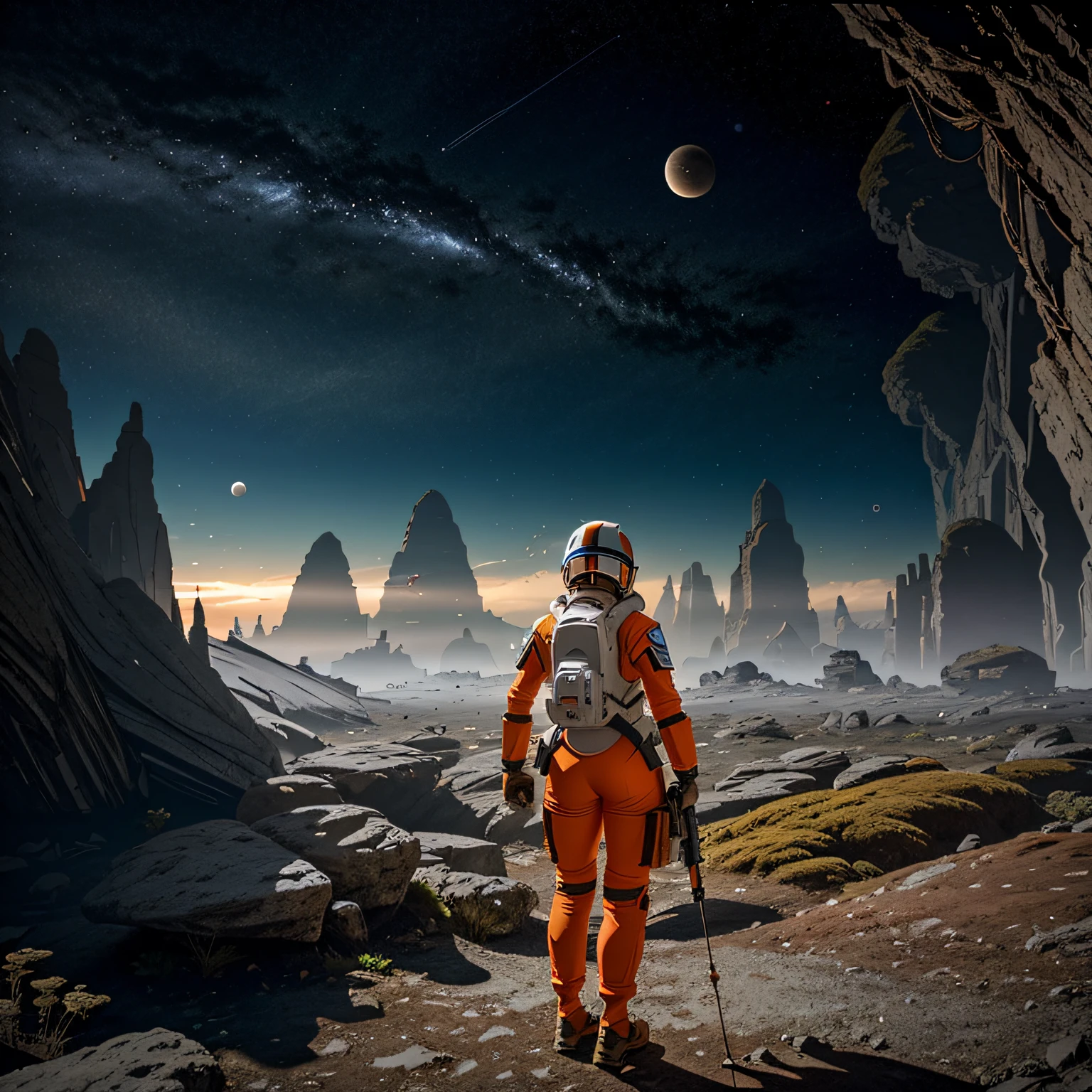 rear angle, Highly detailed RAW color Photo, Rear Angle, Full Body, of (female space soldier, wearing orange and white space suit, helmet, tined face shield, rebreather, accentuated booty), outdoors, (looking up at advanced alien structure, on alien planet), toned body, big butt, (sci-fi), (mountains:1.1), (lush green vegetation), (two moons in sky:0.8), (highly detailed, hyperdetailed, intricate), ((DAY TIME)), (lens flare:0.7), (bloom:0.7), particle effects, raytracing, cinematic lighting, shallow depth of field, photographed on a Sony a9 II, 50mm wide angle lens, sharp focus, cinematic film still from Gravity 2013, from behind